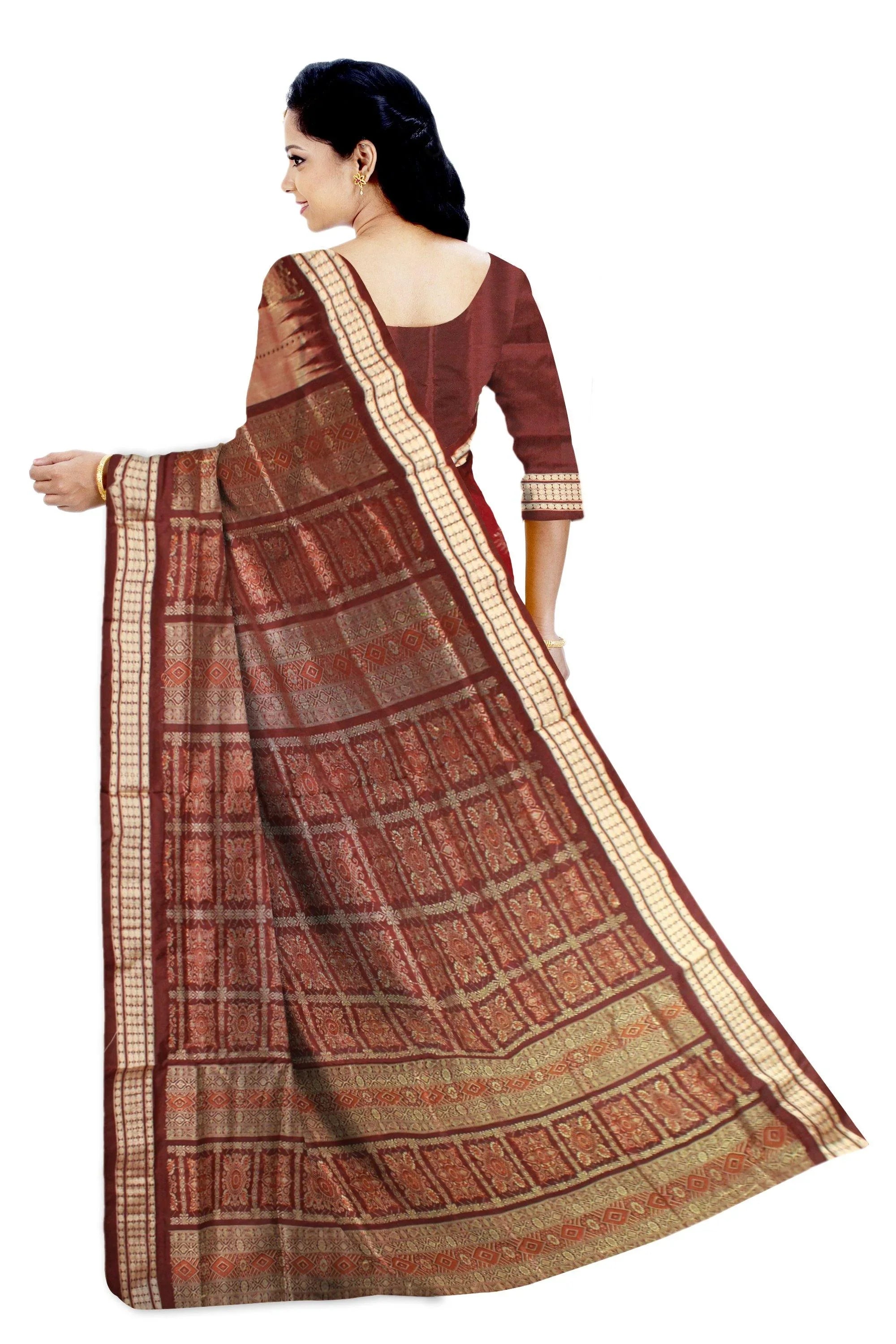 Maroon & Peach color Bomkei Pata saree with Pasapali lining, with blouse piece. - Koshali Arts & Crafts Enterprise