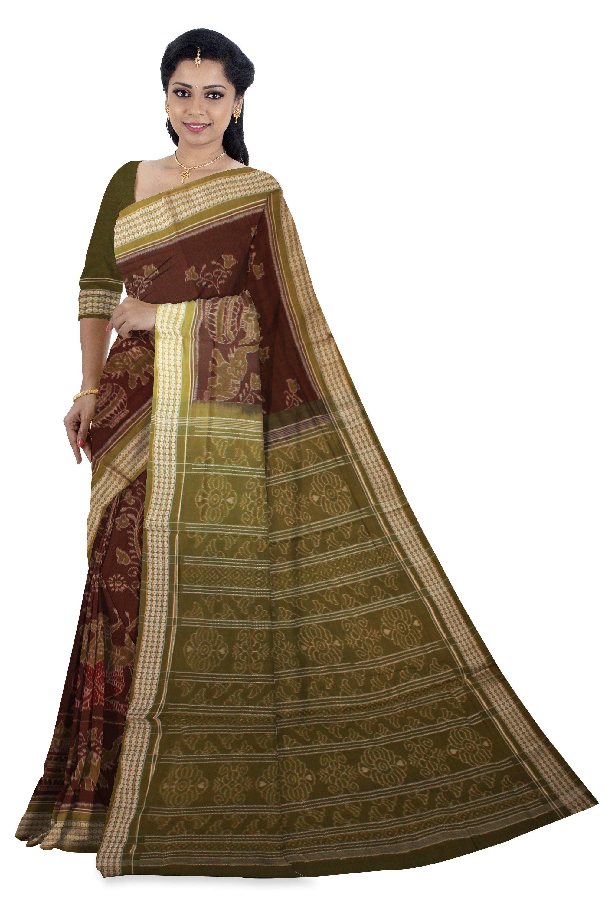 Sambalpuri Cotton ikat saree in brown color with blouse piece. - Koshali Arts & Crafts Enterprise