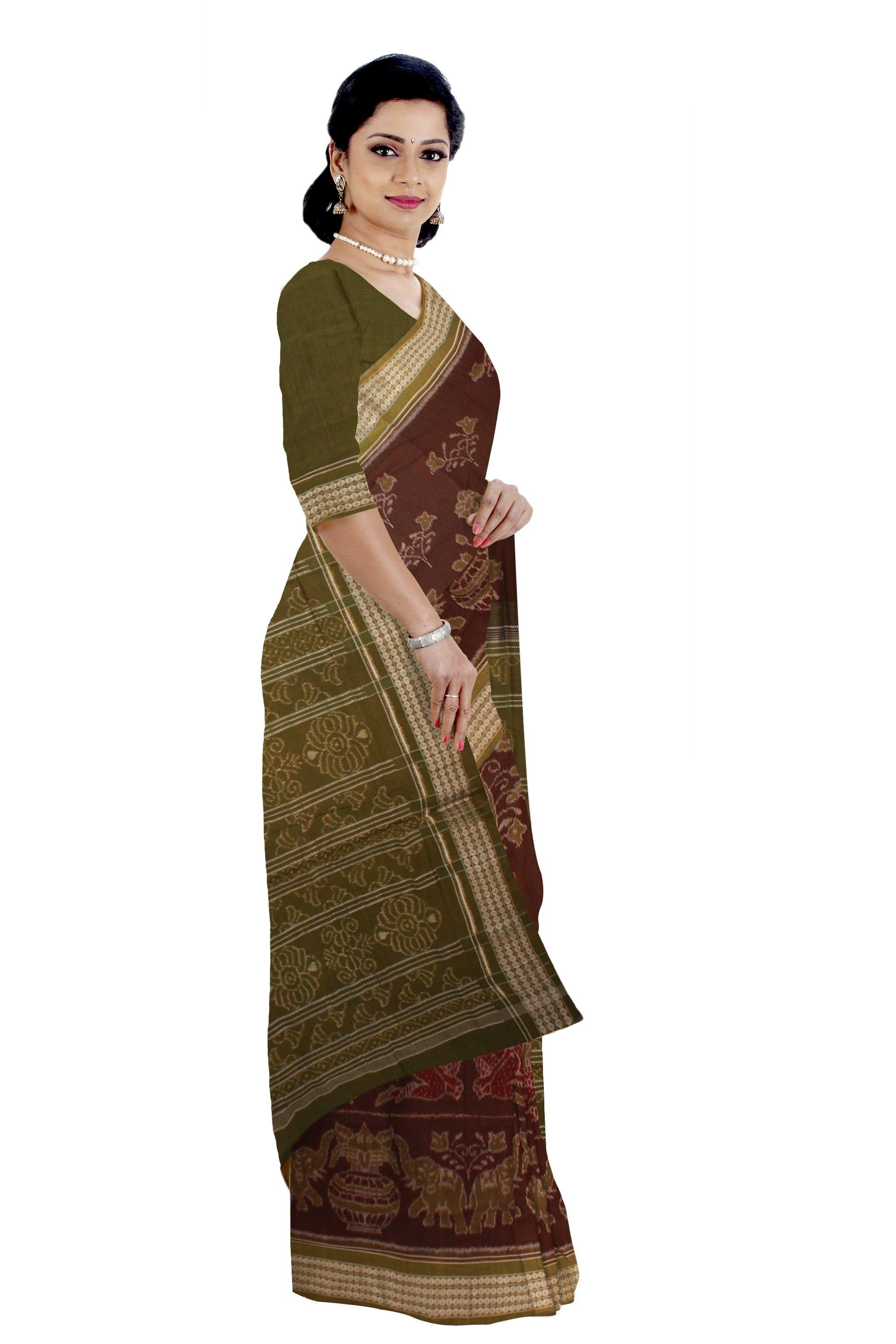 Sambalpuri Cotton ikat saree in brown color with blouse piece. - Koshali Arts & Crafts Enterprise