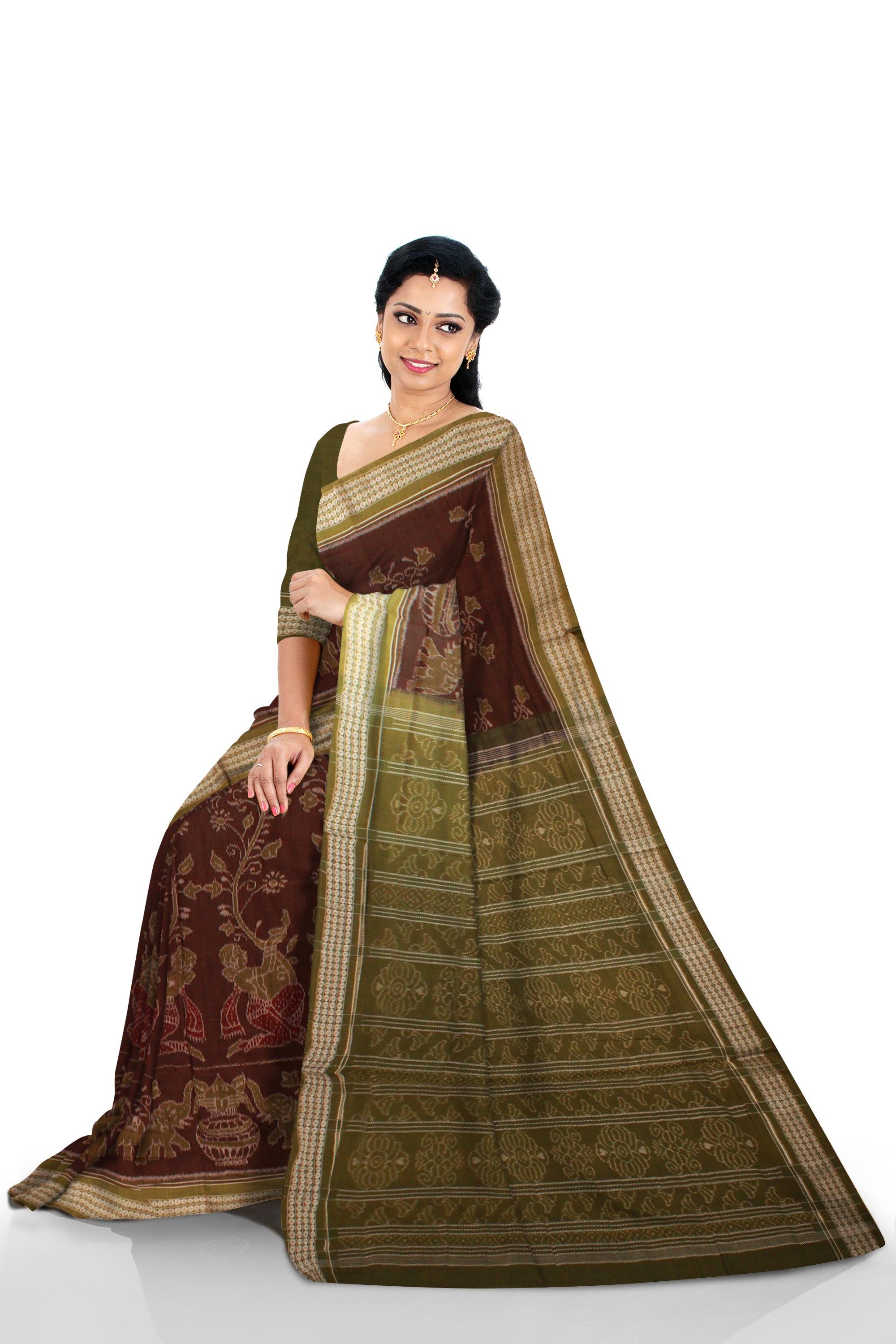 Sambalpuri Cotton ikat saree in brown color with blouse piece. - Koshali Arts & Crafts Enterprise