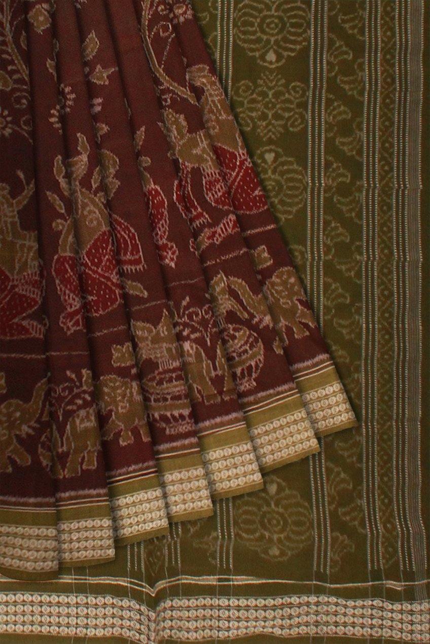 Sambalpuri Cotton ikat saree in brown color with blouse piece. - Koshali Arts & Crafts Enterprise
