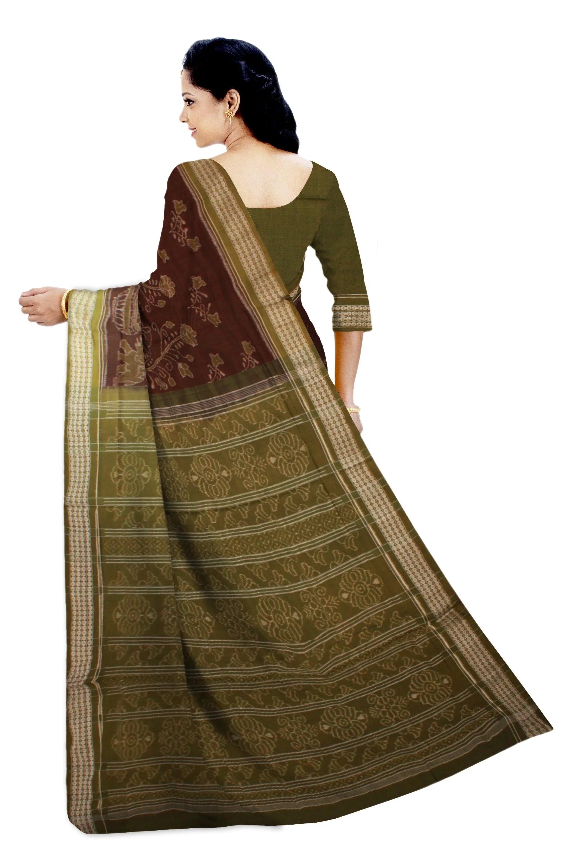 Sambalpuri Cotton ikat saree in brown color with blouse piece. - Koshali Arts & Crafts Enterprise
