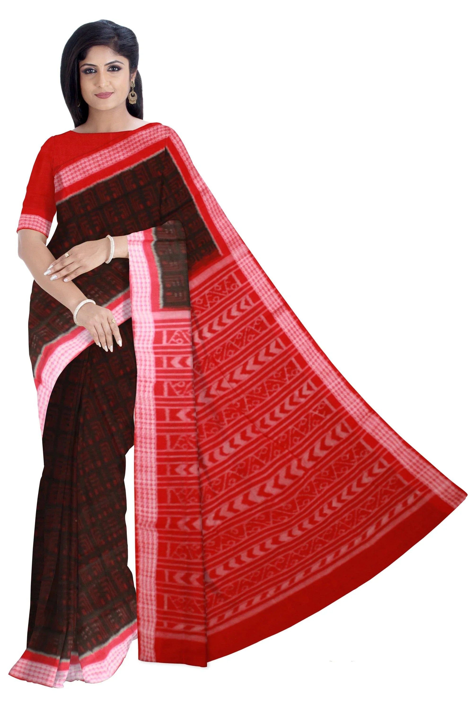 Black color box pattern Sambalpuri cotton saree with blouse piece. - Koshali Arts & Crafts Enterprise