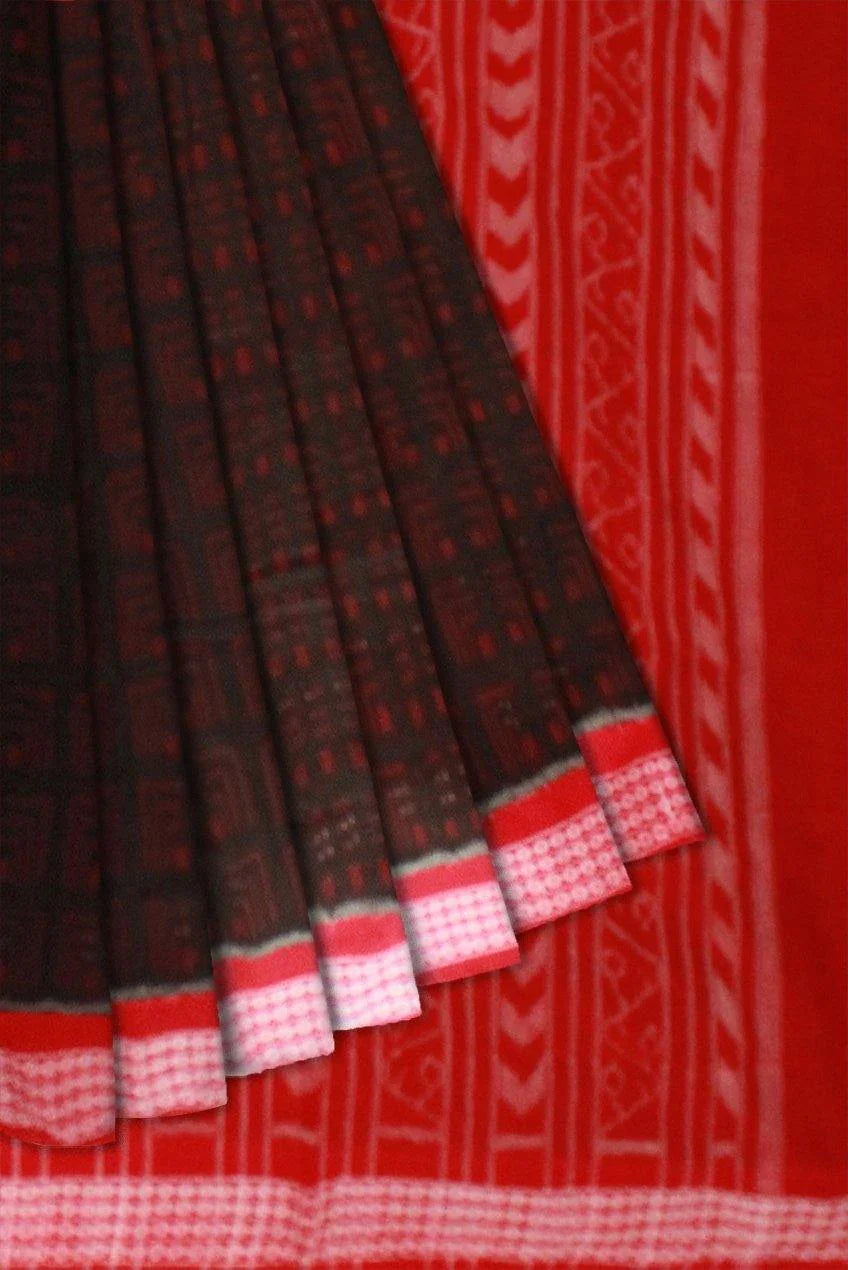 Black color box pattern Sambalpuri cotton saree with blouse piece. - Koshali Arts & Crafts Enterprise