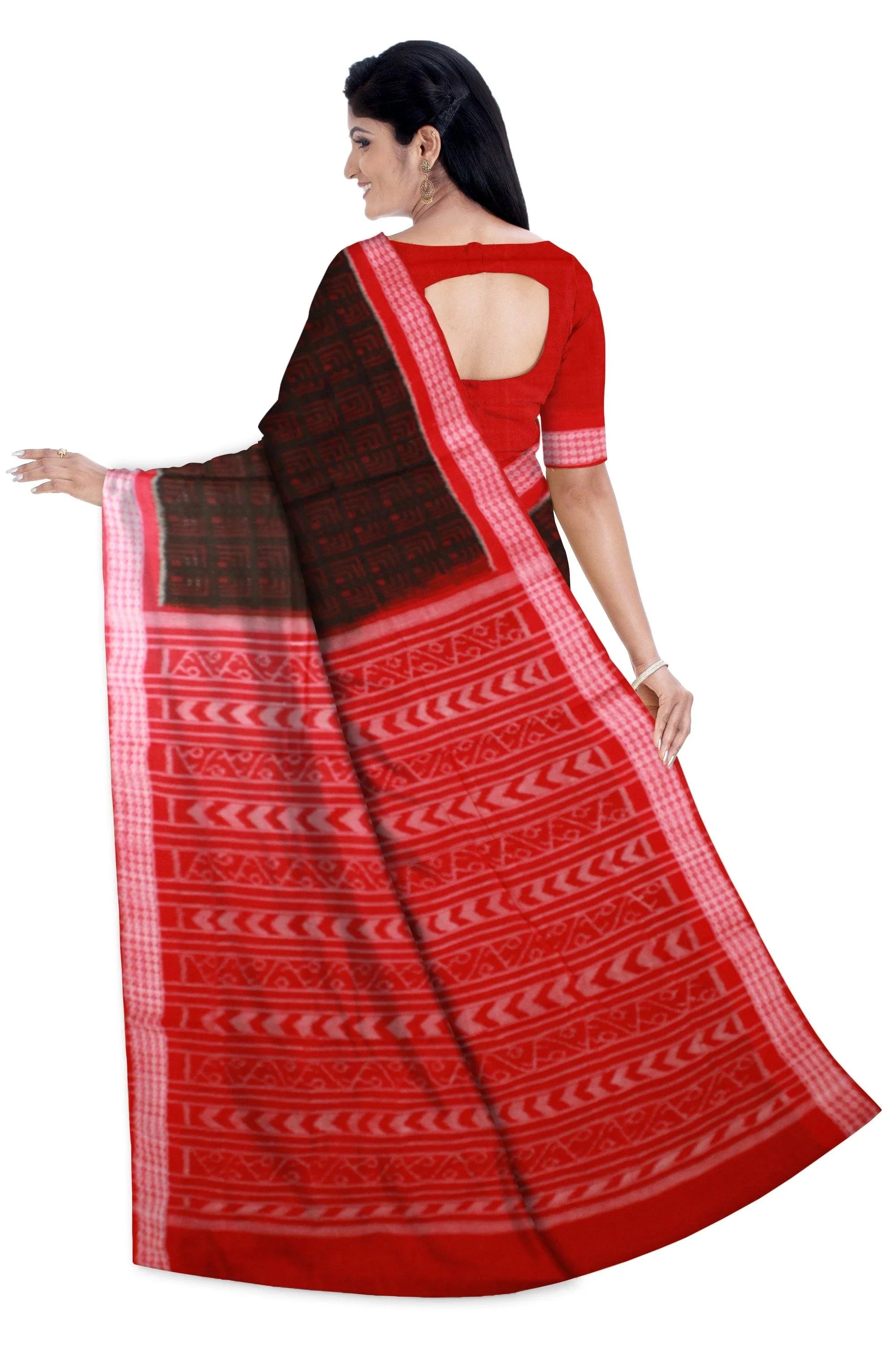 Black color box pattern Sambalpuri cotton saree with blouse piece. - Koshali Arts & Crafts Enterprise
