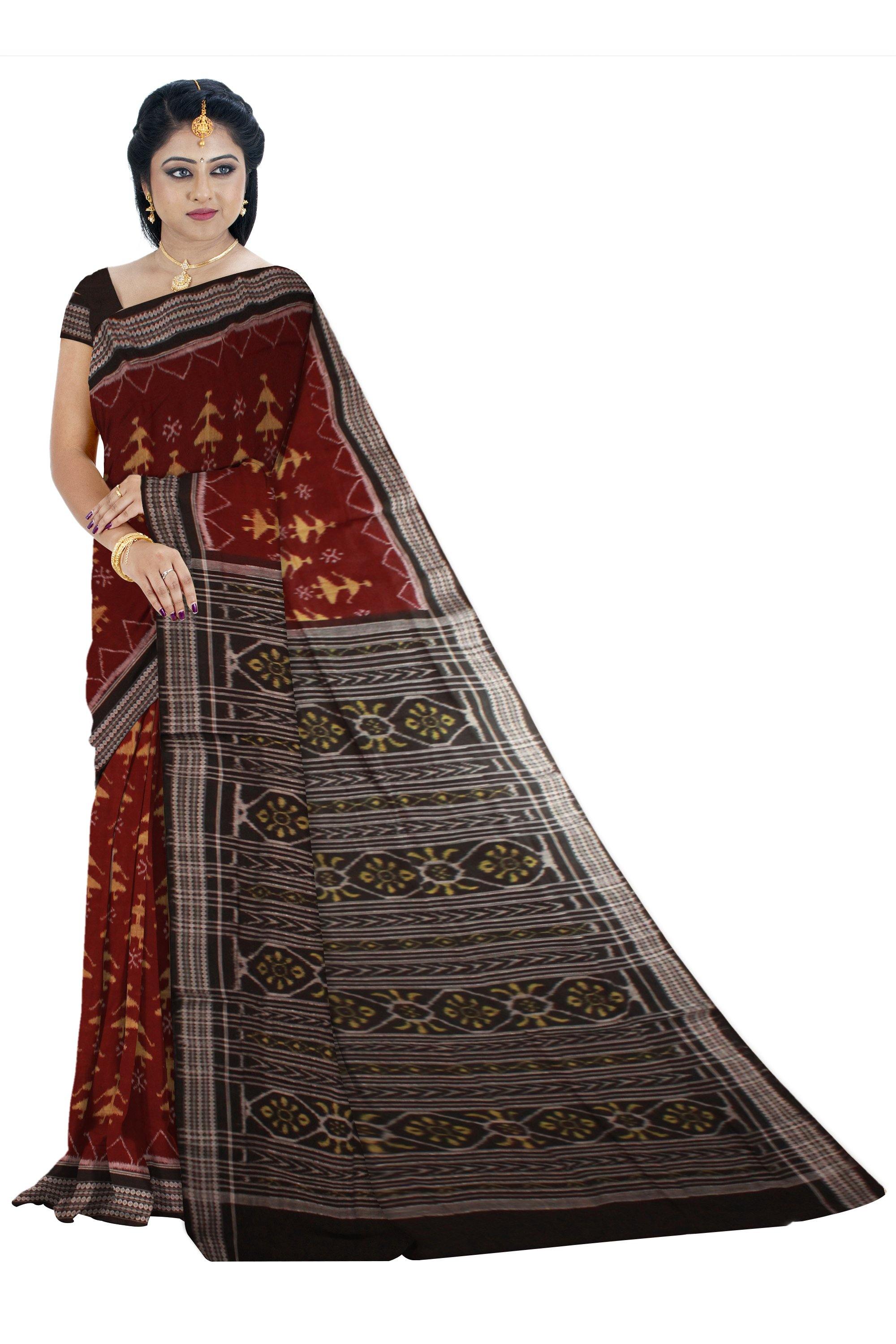 Brown color doll print Sambalpuri Cotton saree with blouse piece. - Koshali Arts & Crafts Enterprise