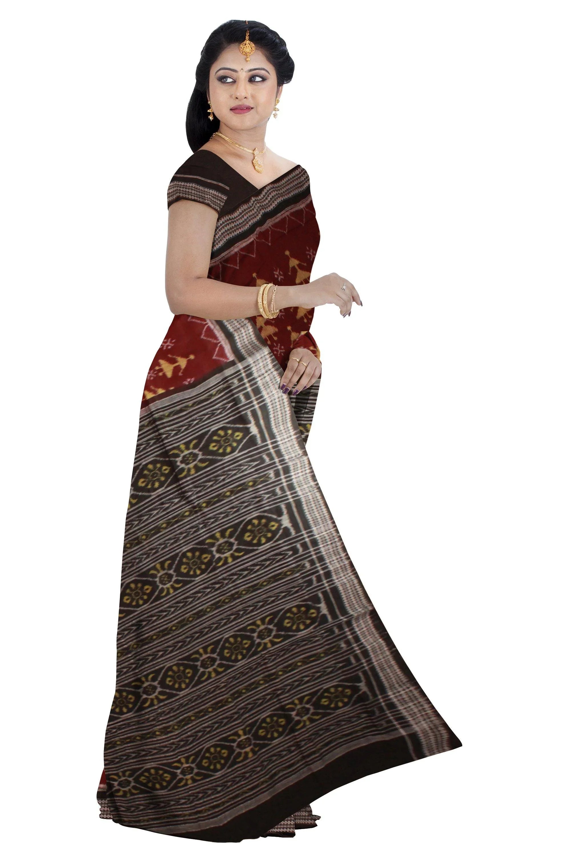Brown color doll print Sambalpuri Cotton saree with blouse piece. - Koshali Arts & Crafts Enterprise