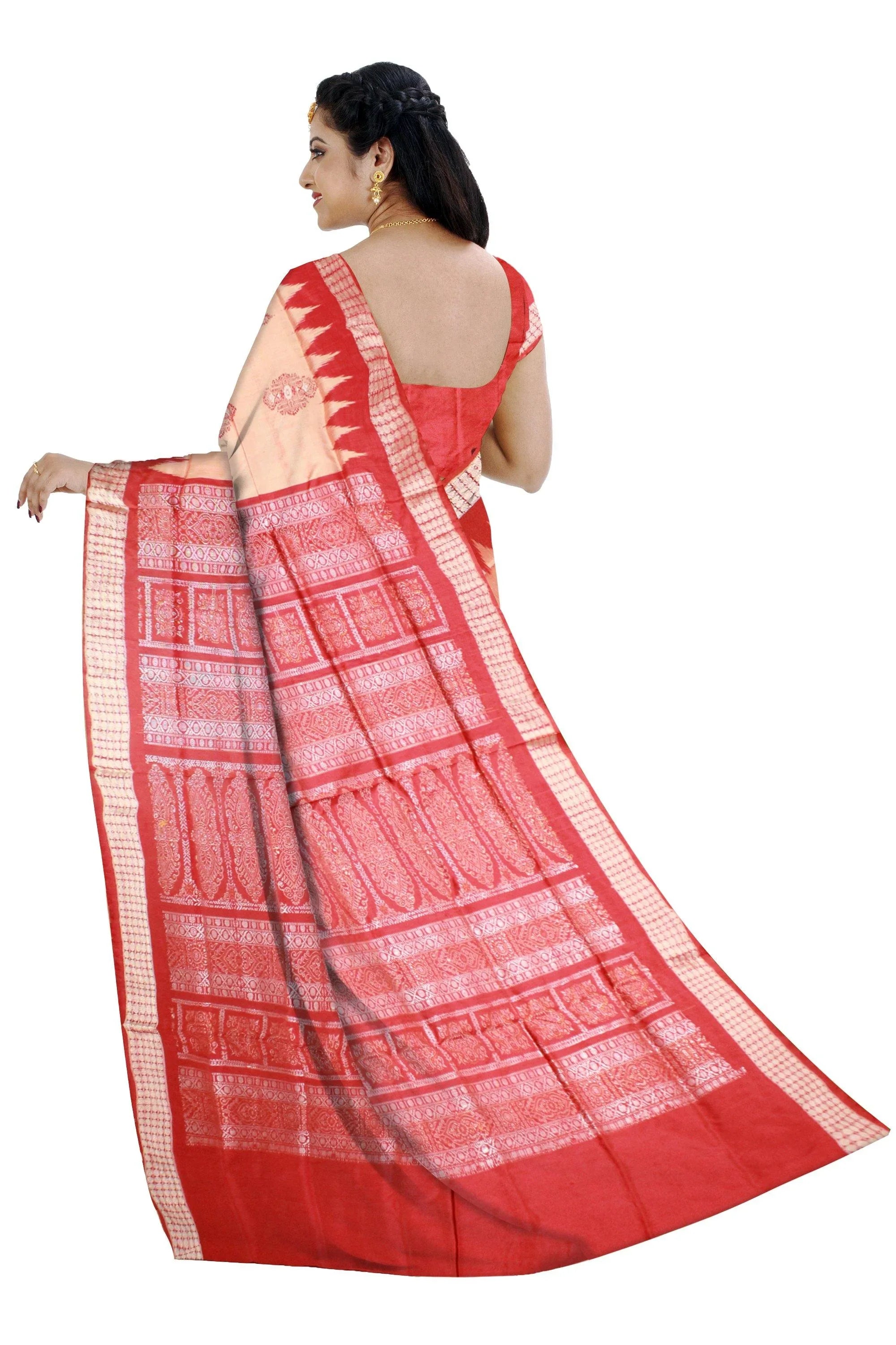 Peach color bomkei pata Saree with blouse piece - Koshali Arts & Crafts Enterprise