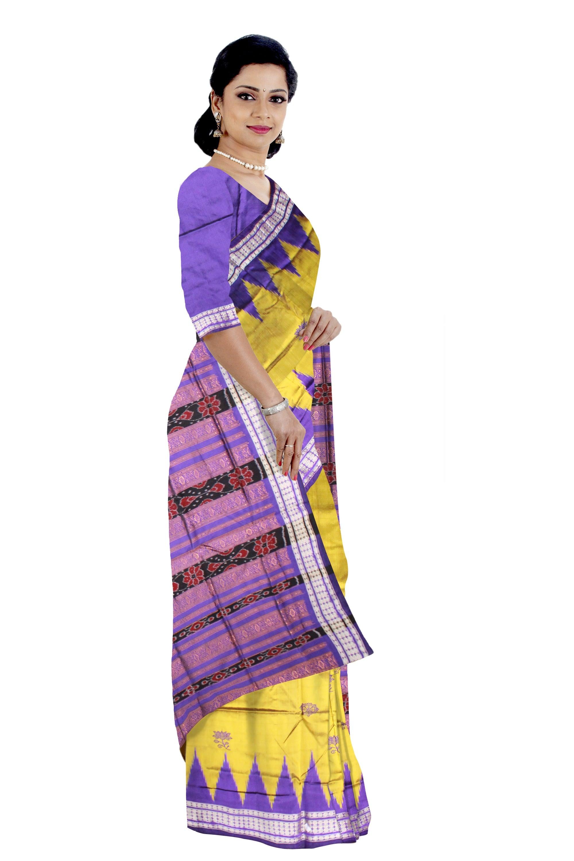 Yellow color sambalpuri pata saree with blouse piece. - Koshali Arts & Crafts Enterprise