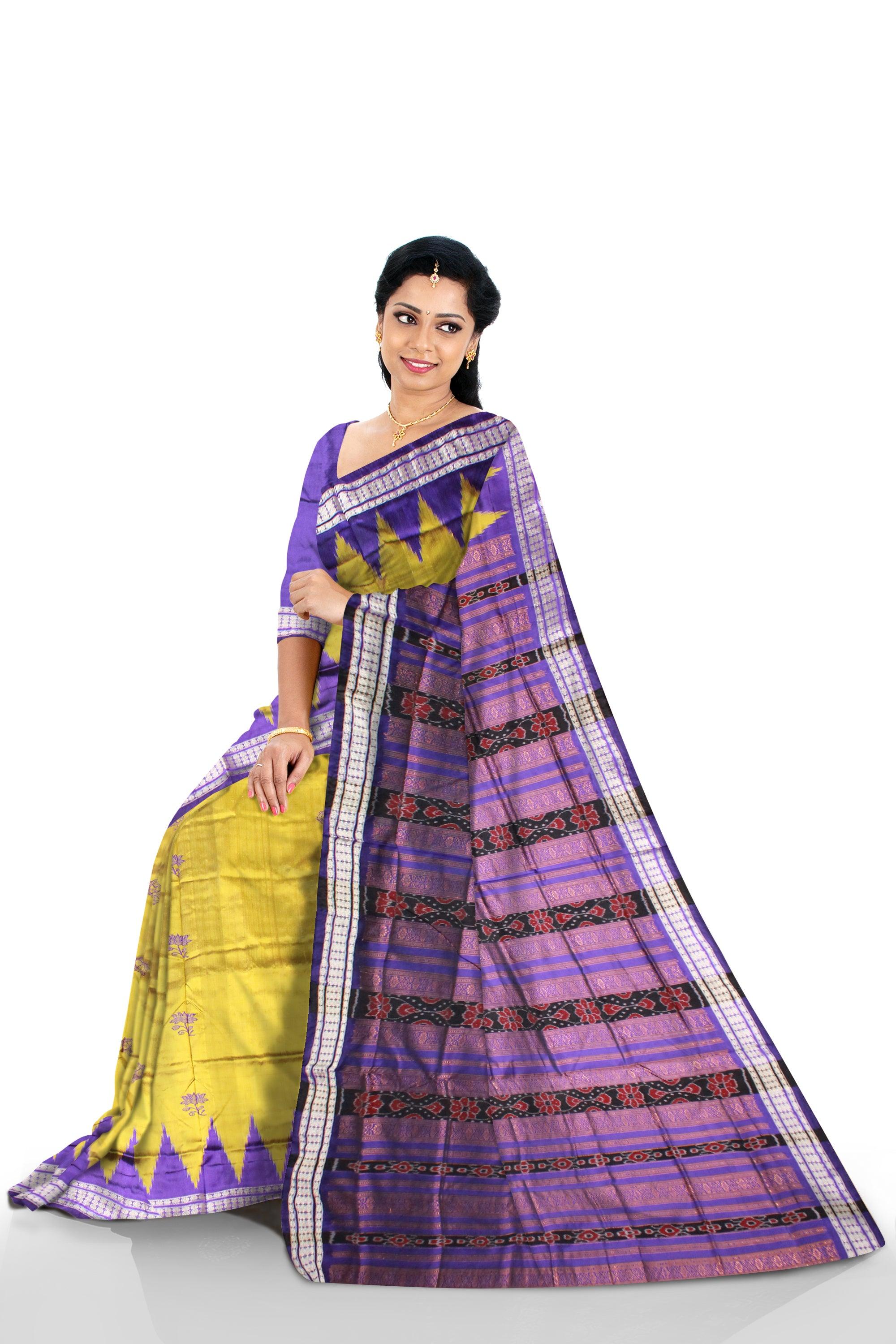 Yellow color sambalpuri pata saree with blouse piece. - Koshali Arts & Crafts Enterprise