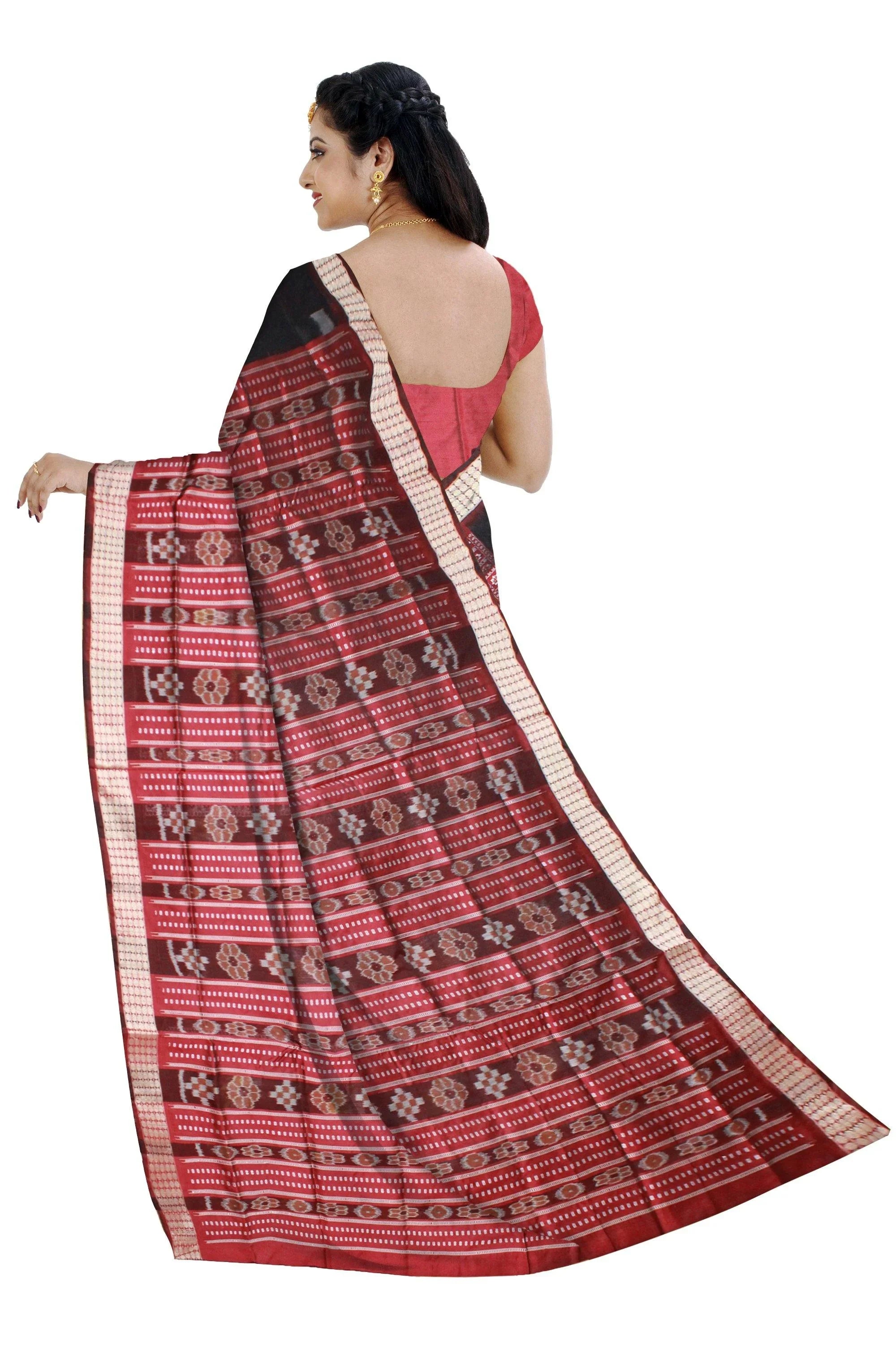 Black color zigzag pattern Sambalpuri pata saree with blouse piece - Koshali Arts & Crafts Enterprise