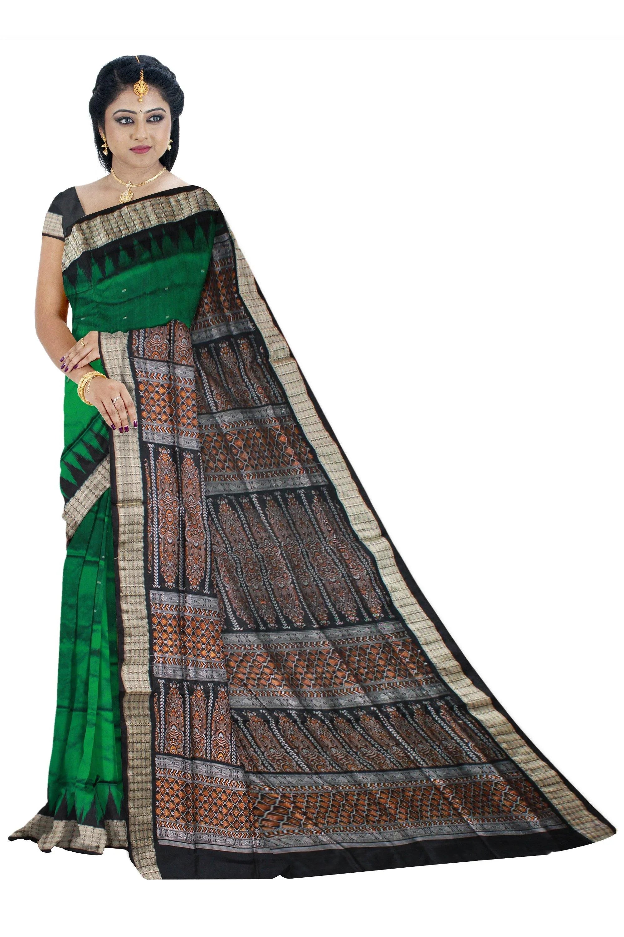 Green and Black color small booty pattern Sambalpuri pata saree with blouse piece. - Koshali Arts & Crafts Enterprise