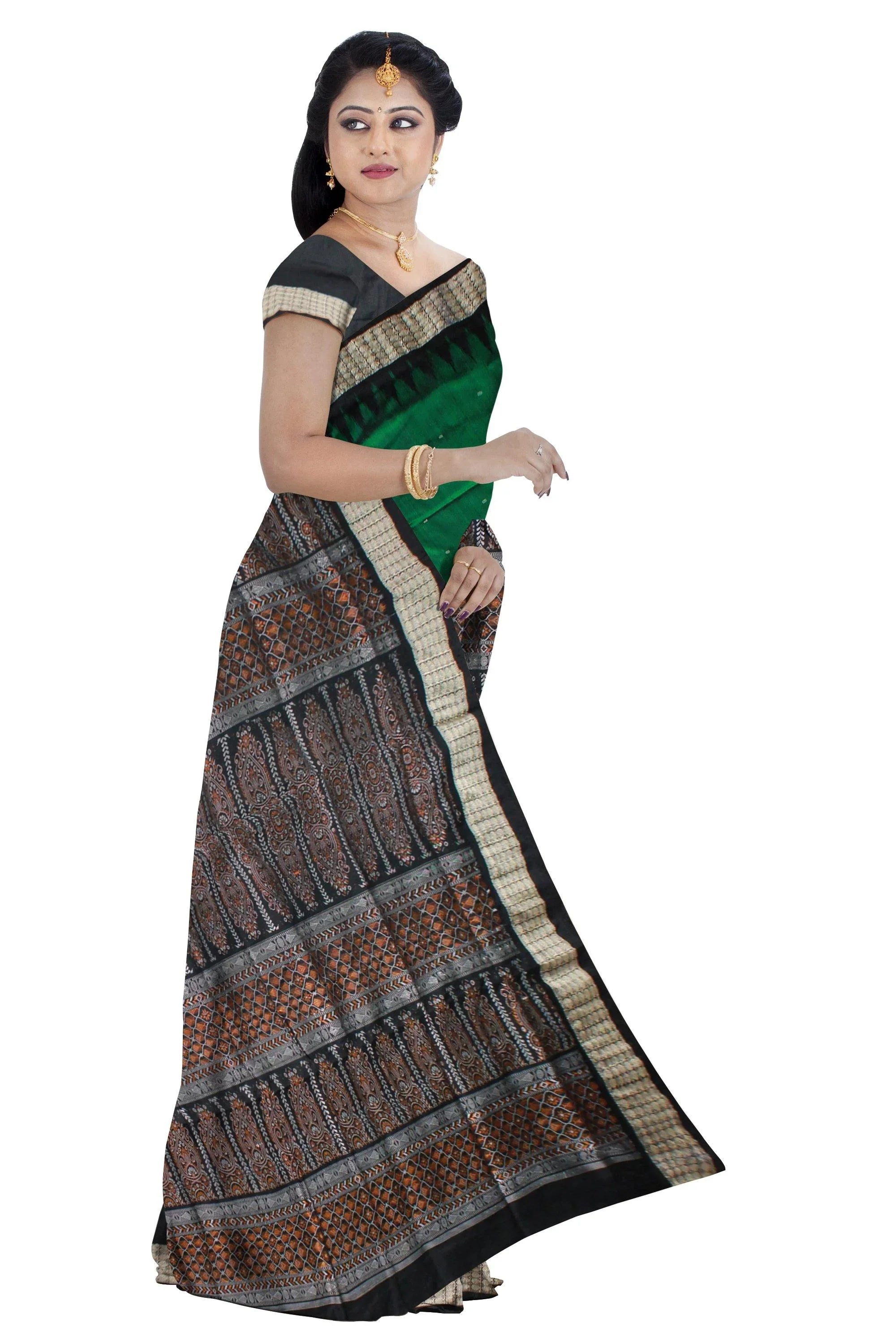 Green and Black color small booty pattern Sambalpuri pata saree with blouse piece. - Koshali Arts & Crafts Enterprise