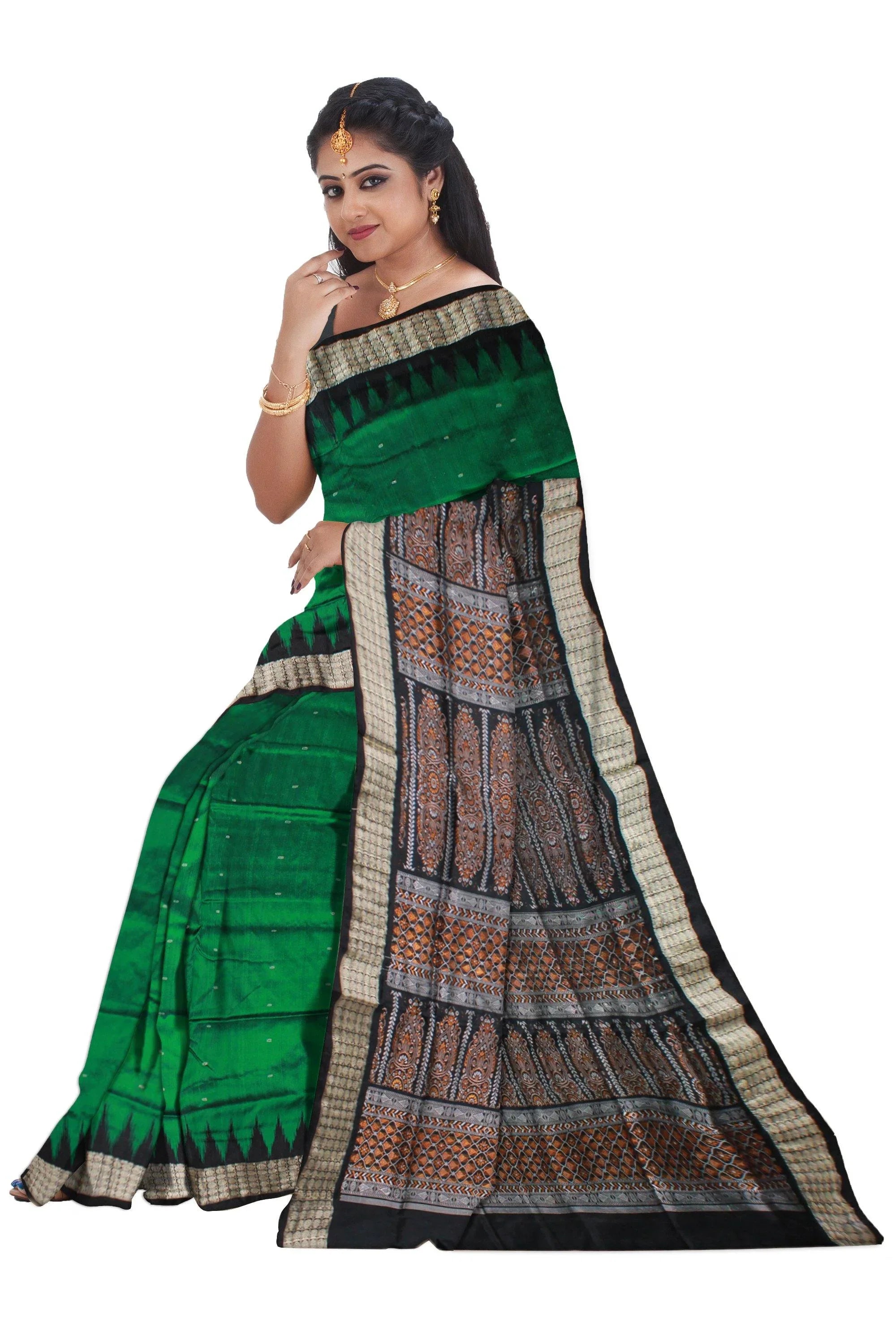 Green and Black color small booty pattern Sambalpuri pata saree with blouse piece. - Koshali Arts & Crafts Enterprise