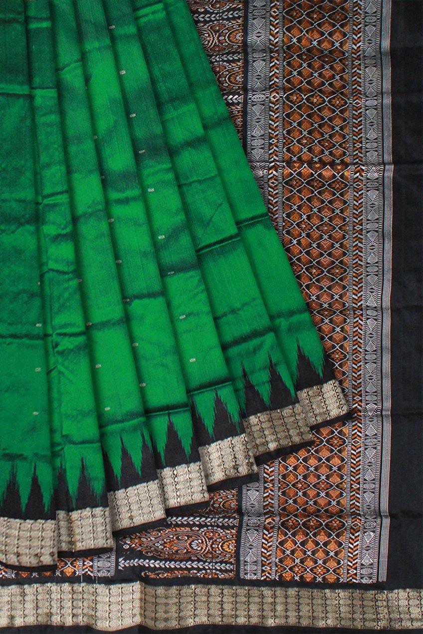 Green and Black color small booty pattern Sambalpuri pata saree with blouse piece. - Koshali Arts & Crafts Enterprise