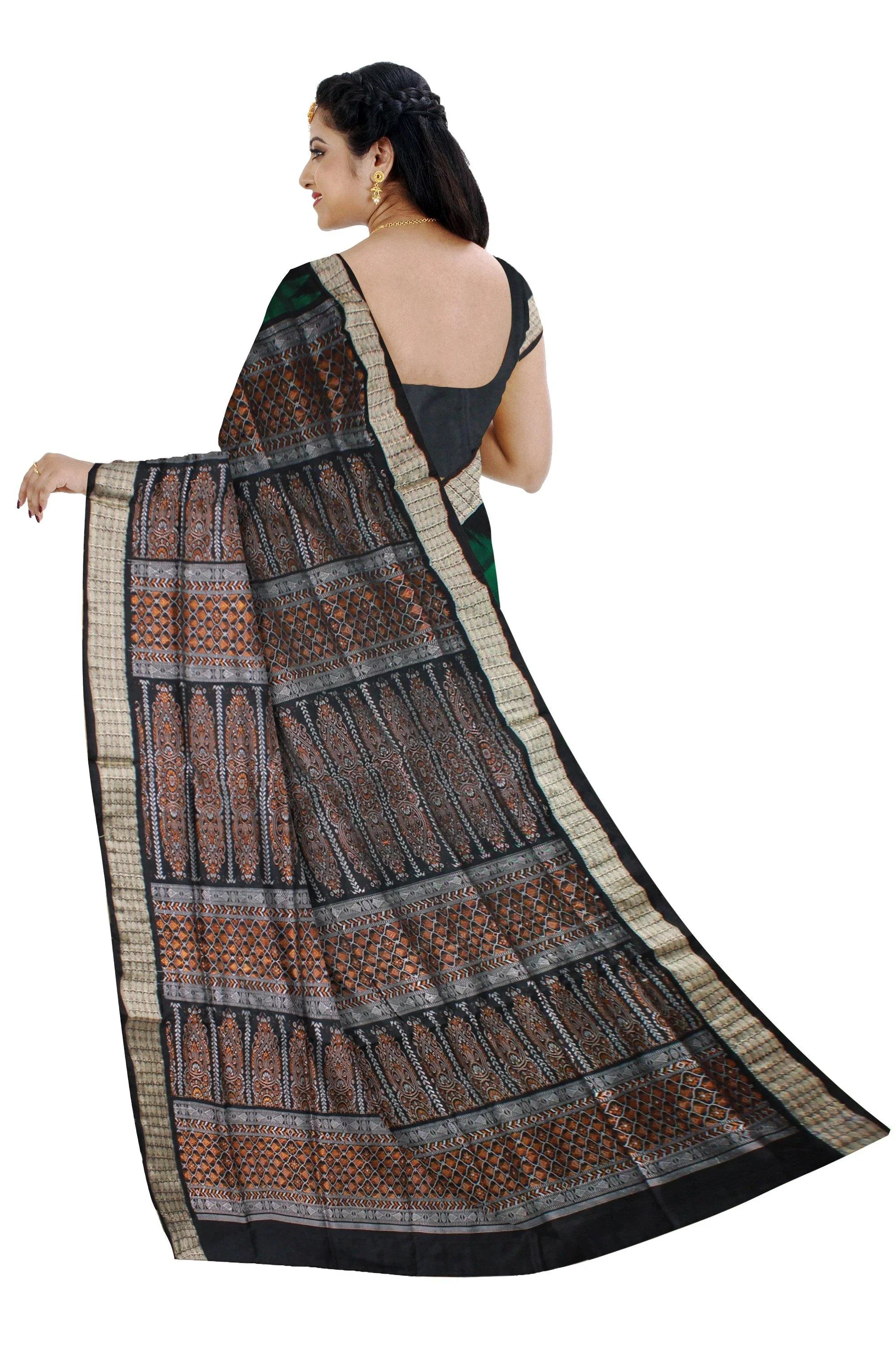 Green and Black color small booty pattern Sambalpuri pata saree with blouse piece. - Koshali Arts & Crafts Enterprise