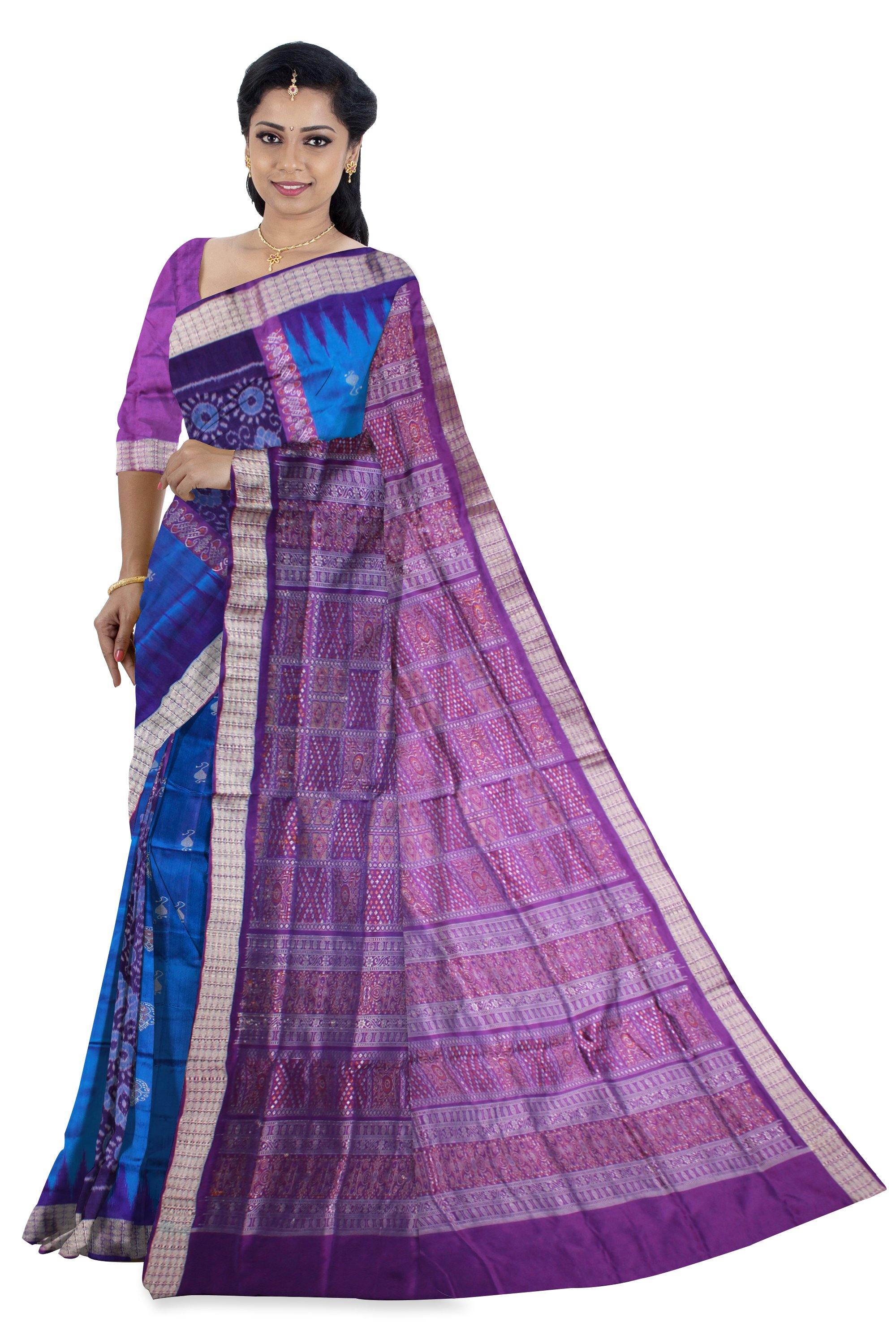 Blue & violet Bomkei pata saree with blouse piece. - Koshali Arts & Crafts Enterprise