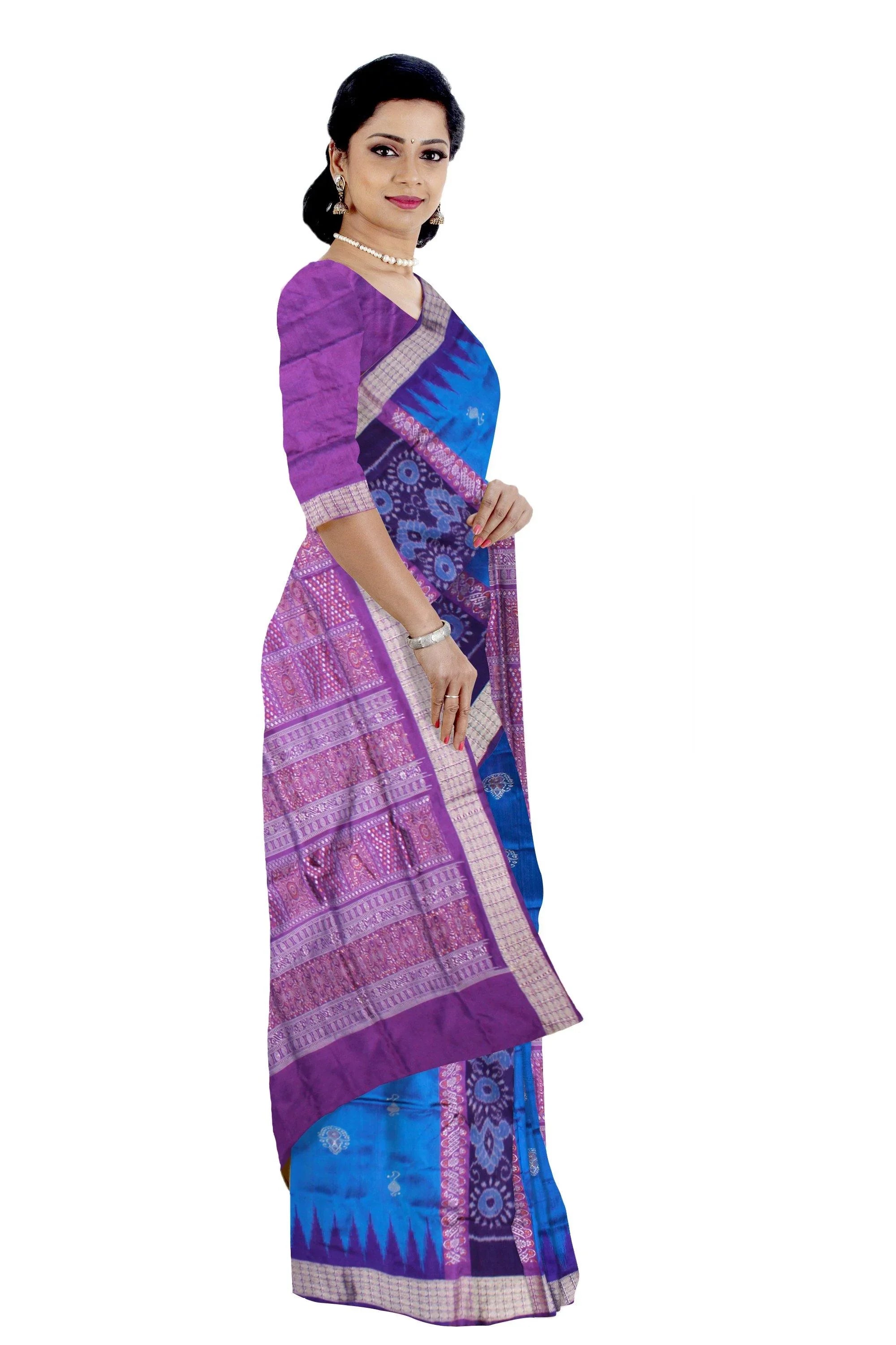 Blue & violet Bomkei pata saree with blouse piece. - Koshali Arts & Crafts Enterprise