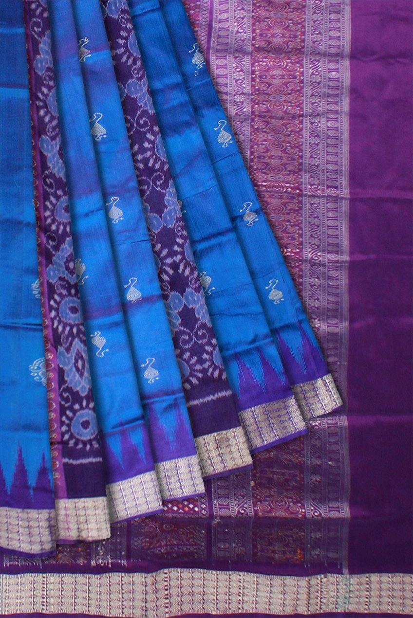 Blue & violet Bomkei pata saree with blouse piece. - Koshali Arts & Crafts Enterprise