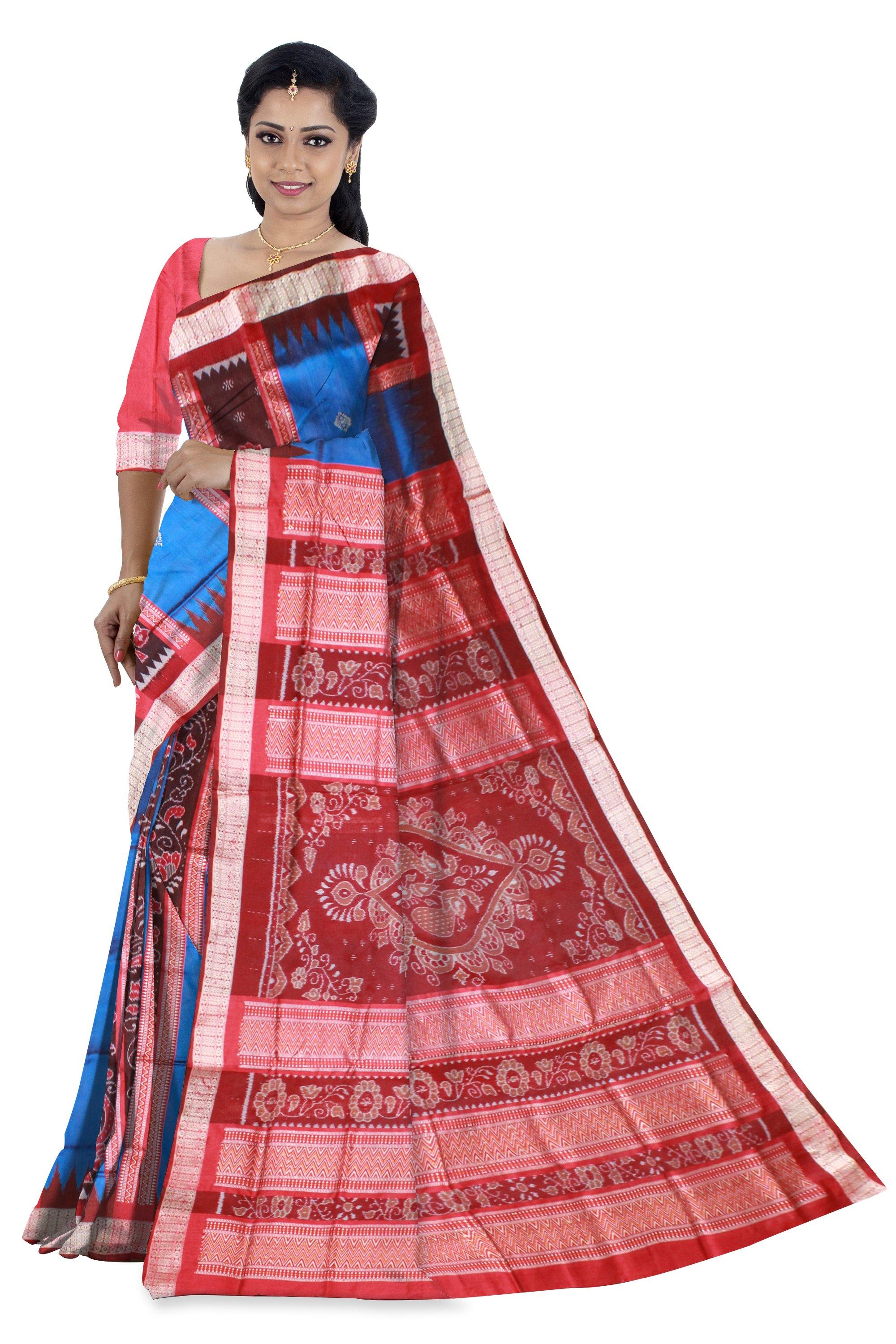 BLUE AND MAROON COLOR SONEPURI PATA SAREE IN FLORA DESIGN - Koshali Arts & Crafts Enterprise