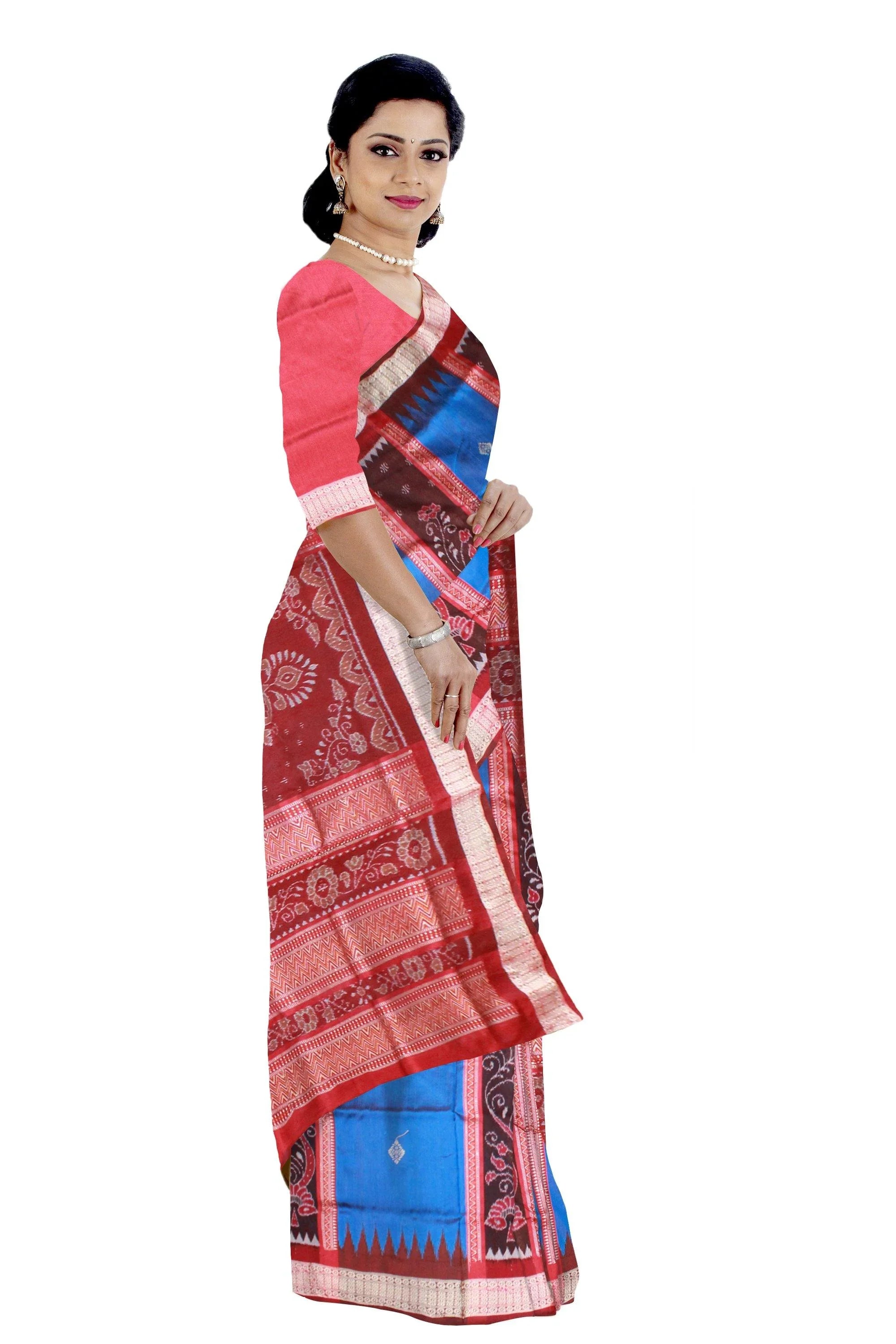 Blue and maroon color sonepuri pata saree in flora design. - Koshali Arts & Crafts Enterprise