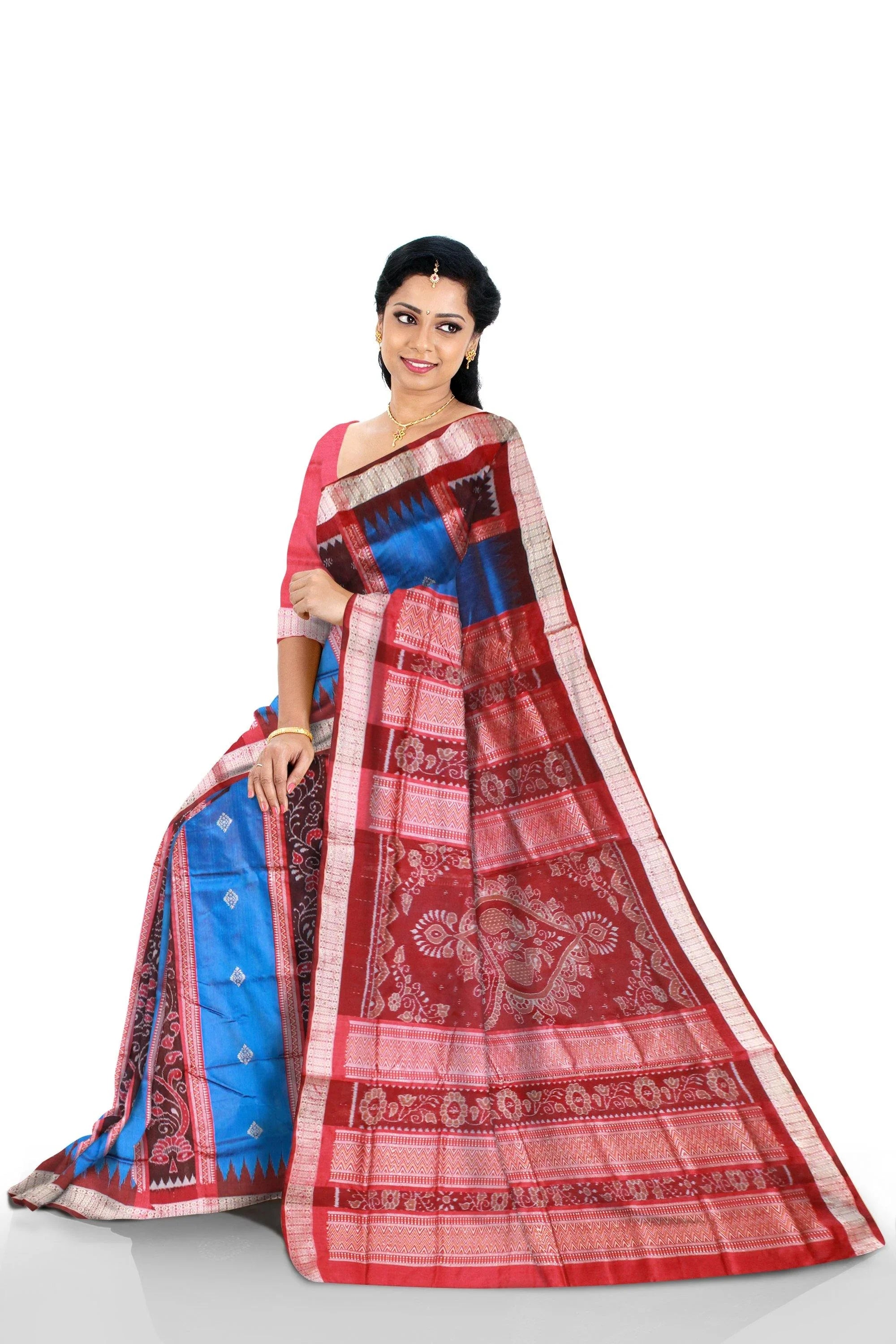 Blue and maroon color sonepuri pata saree in flora design. - Koshali Arts & Crafts Enterprise