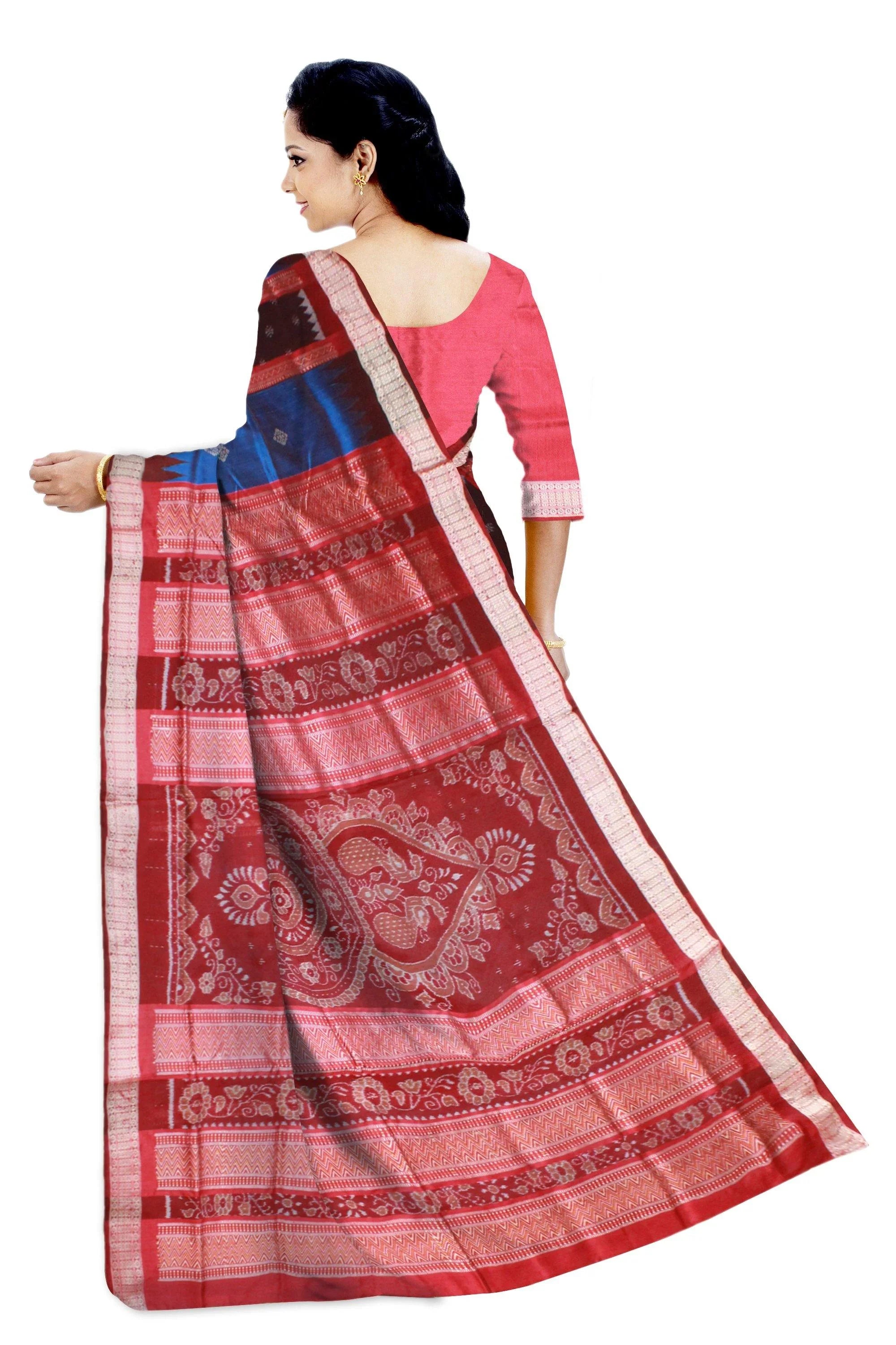 Blue and maroon color sonepuri pata saree in flora design. - Koshali Arts & Crafts Enterprise