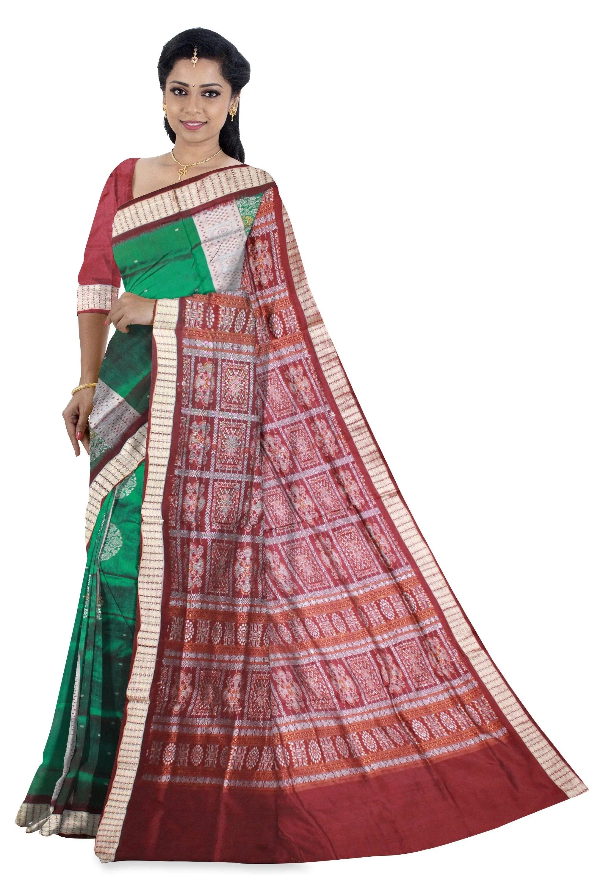 Green and Silver color bomkei pata saree with matching blouse piece. - Koshali Arts & Crafts Enterprise