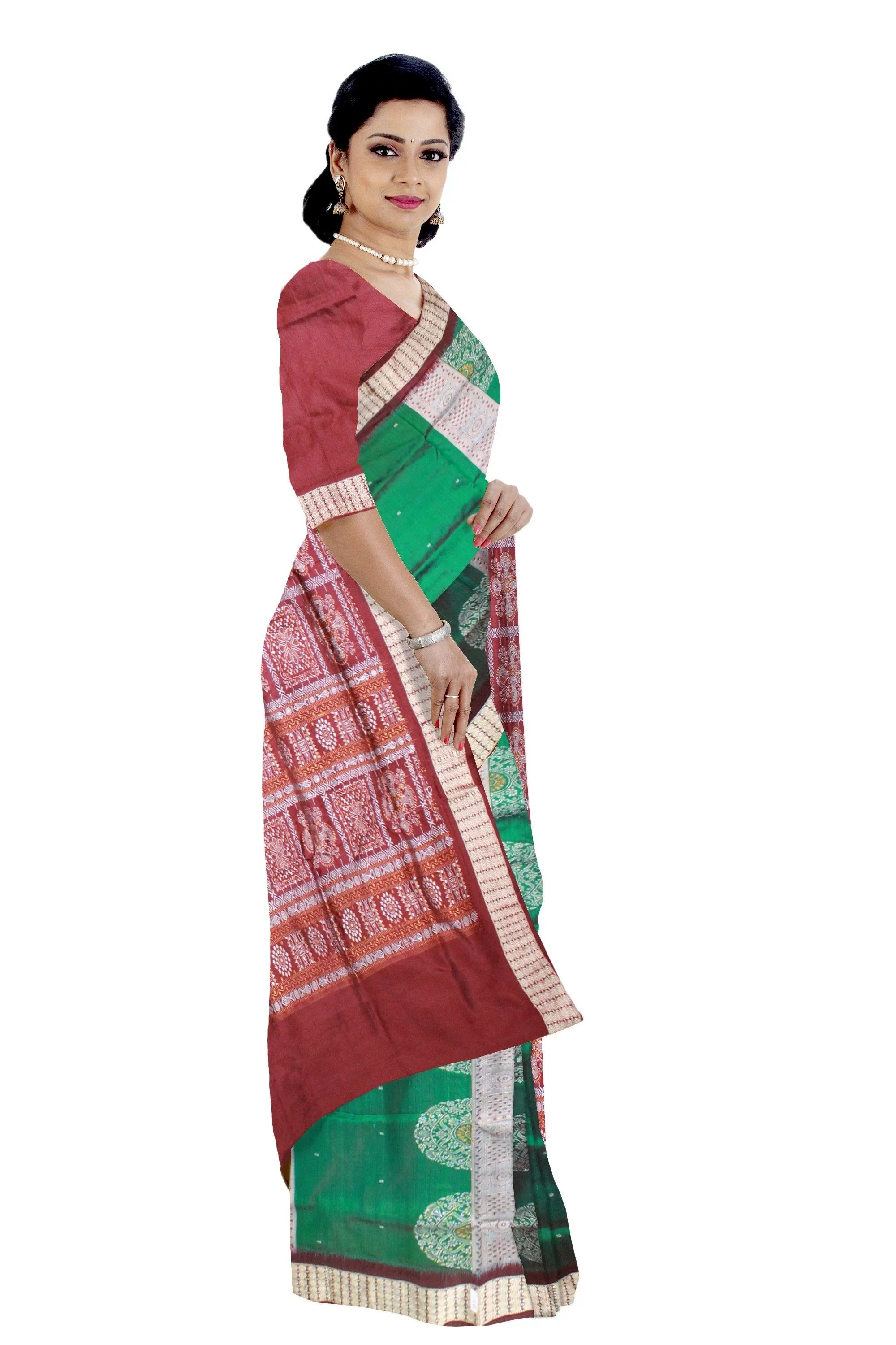 Green and Silver color bomkei pata saree with matching blouse piece. - Koshali Arts & Crafts Enterprise