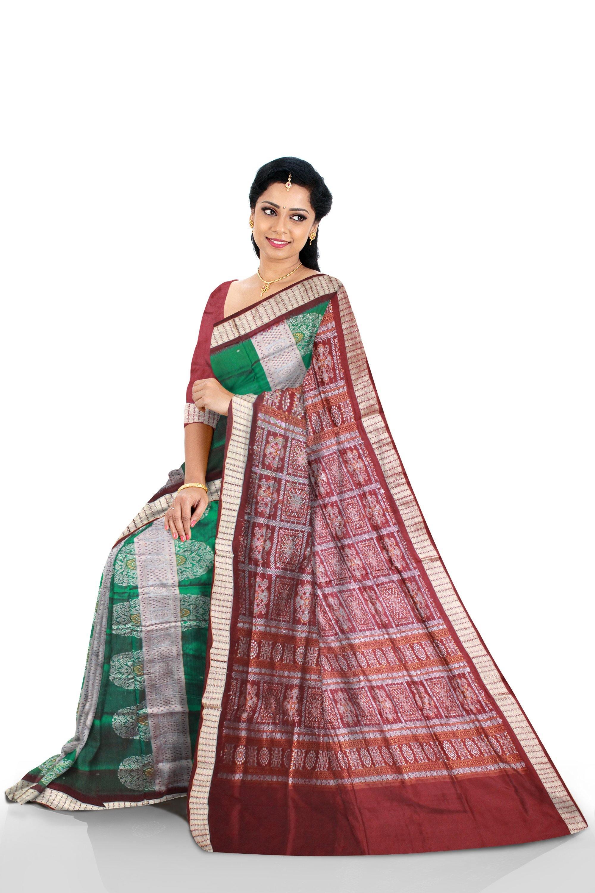 Green and Silver color bomkei pata saree with matching blouse piece. - Koshali Arts & Crafts Enterprise