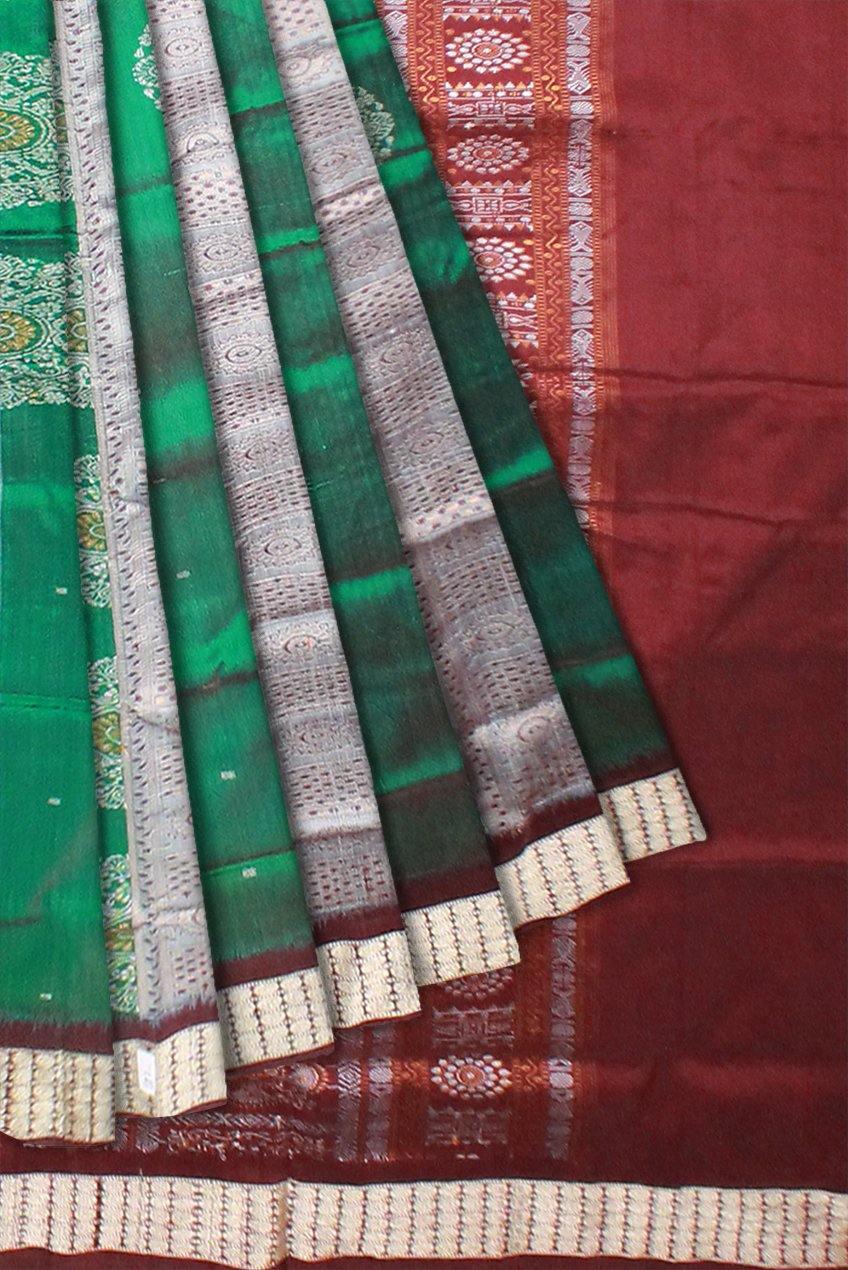 Green and Silver color bomkei pata saree with matching blouse piece. - Koshali Arts & Crafts Enterprise