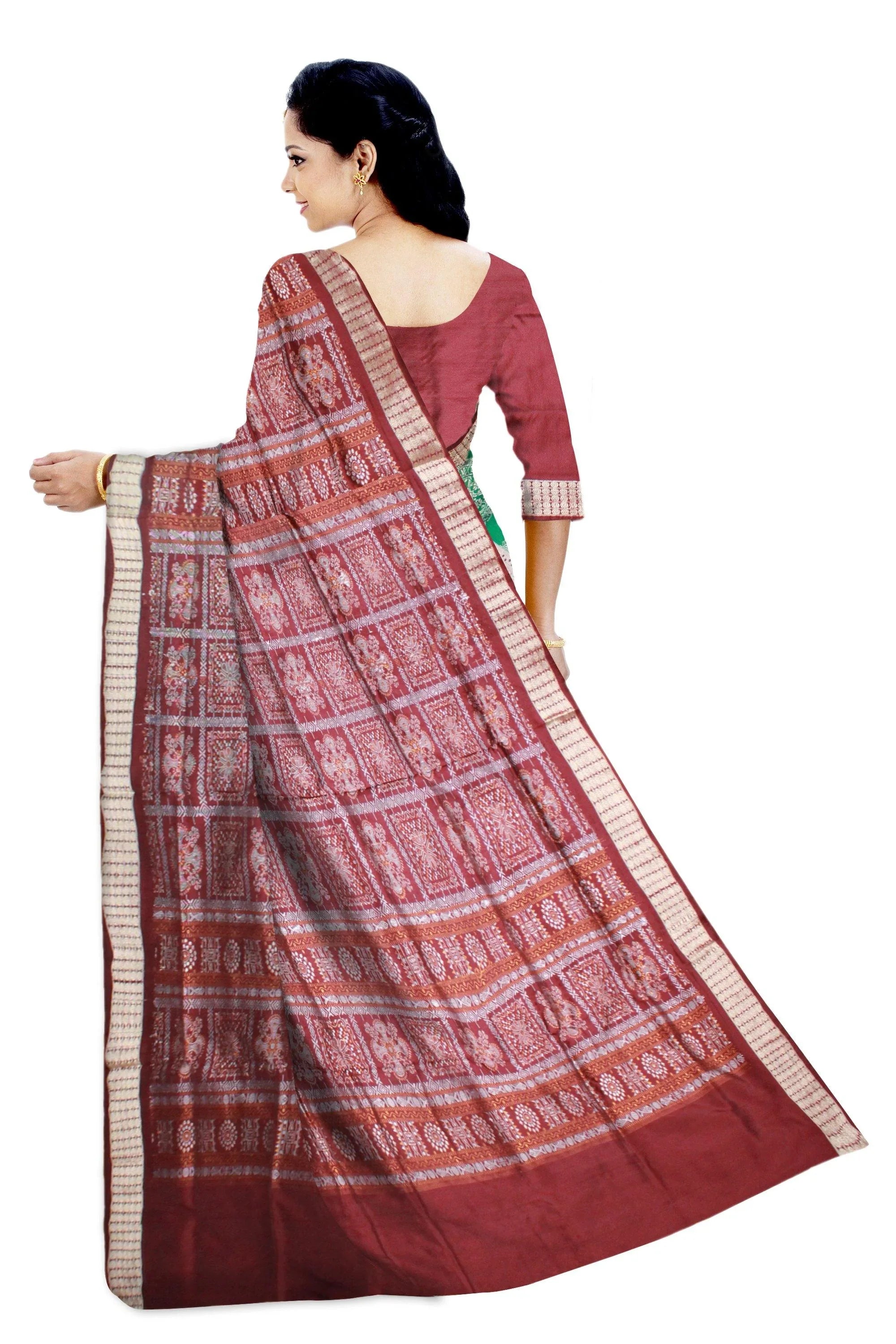 Green and Silver color bomkei pata saree with matching blouse piece. - Koshali Arts & Crafts Enterprise