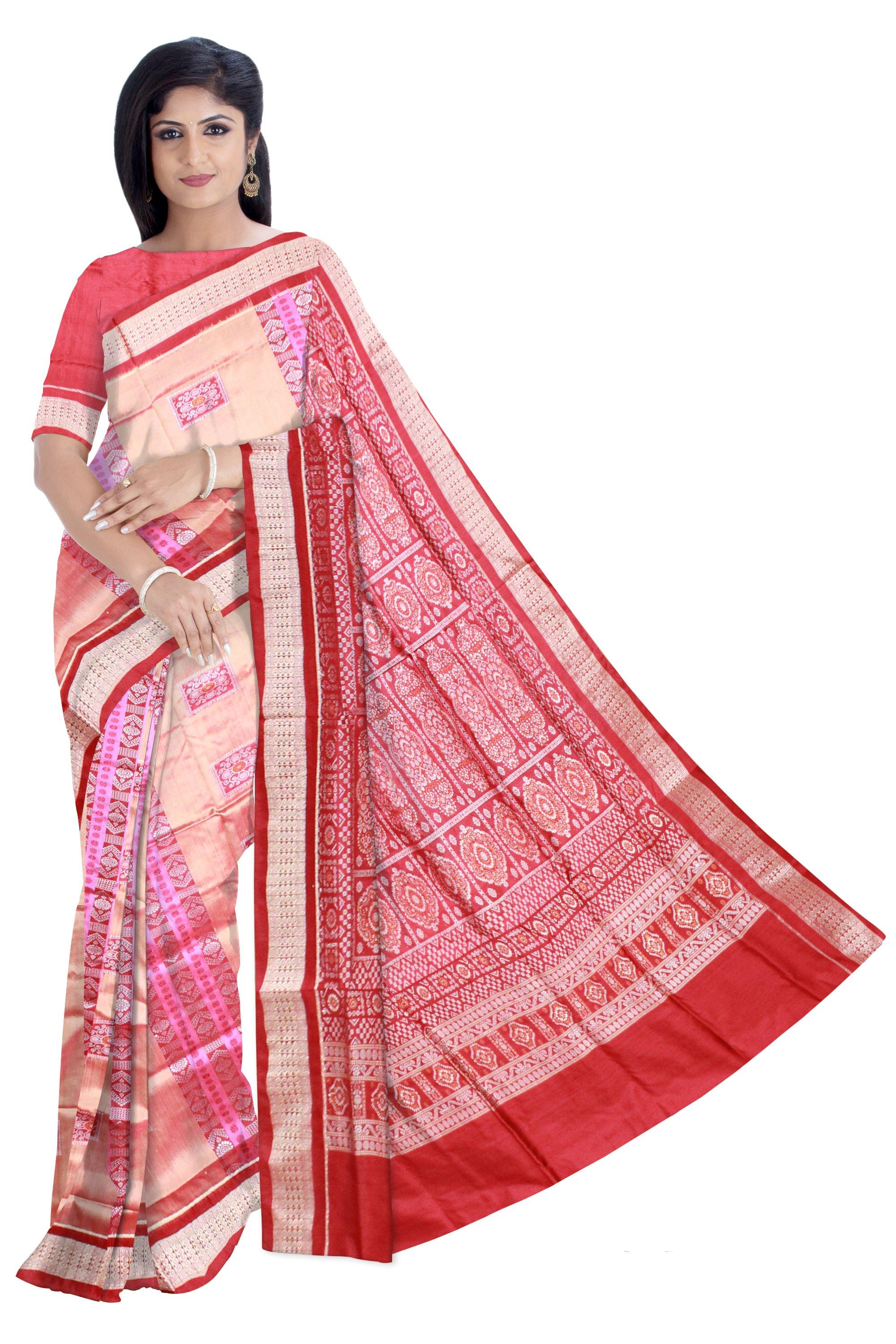 Peach and pink lining bomkei pata saree with blouse piece. - Koshali Arts & Crafts Enterprise