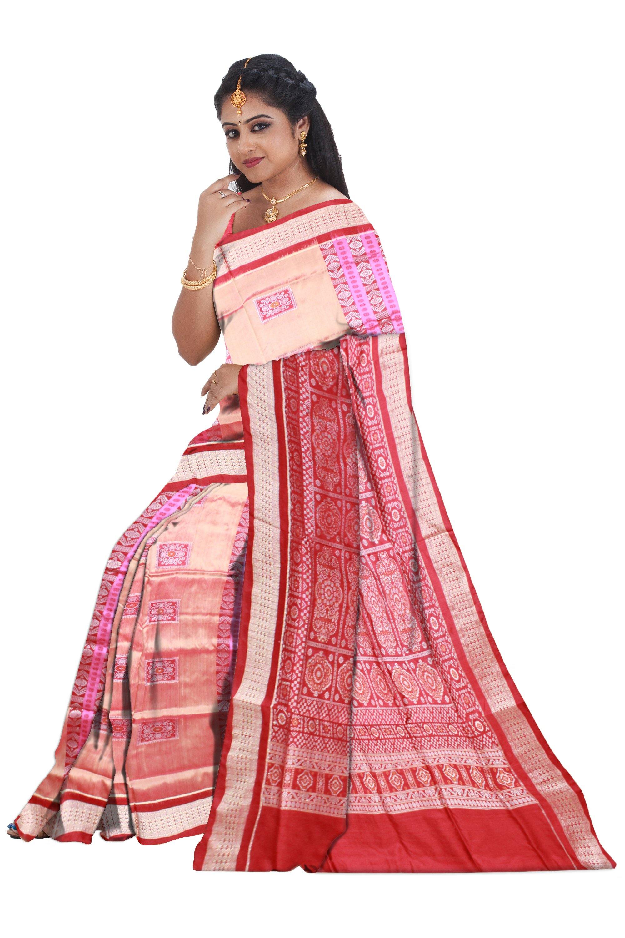 Peach and pink lining bomkei pata saree with blouse piece. - Koshali Arts & Crafts Enterprise