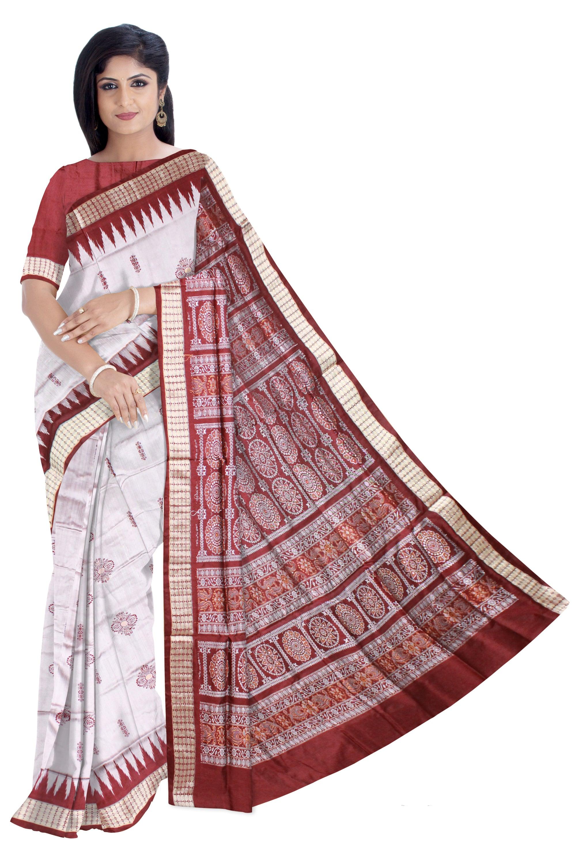 White color bomkei pata saree with blouse piece. - Koshali Arts & Crafts Enterprise