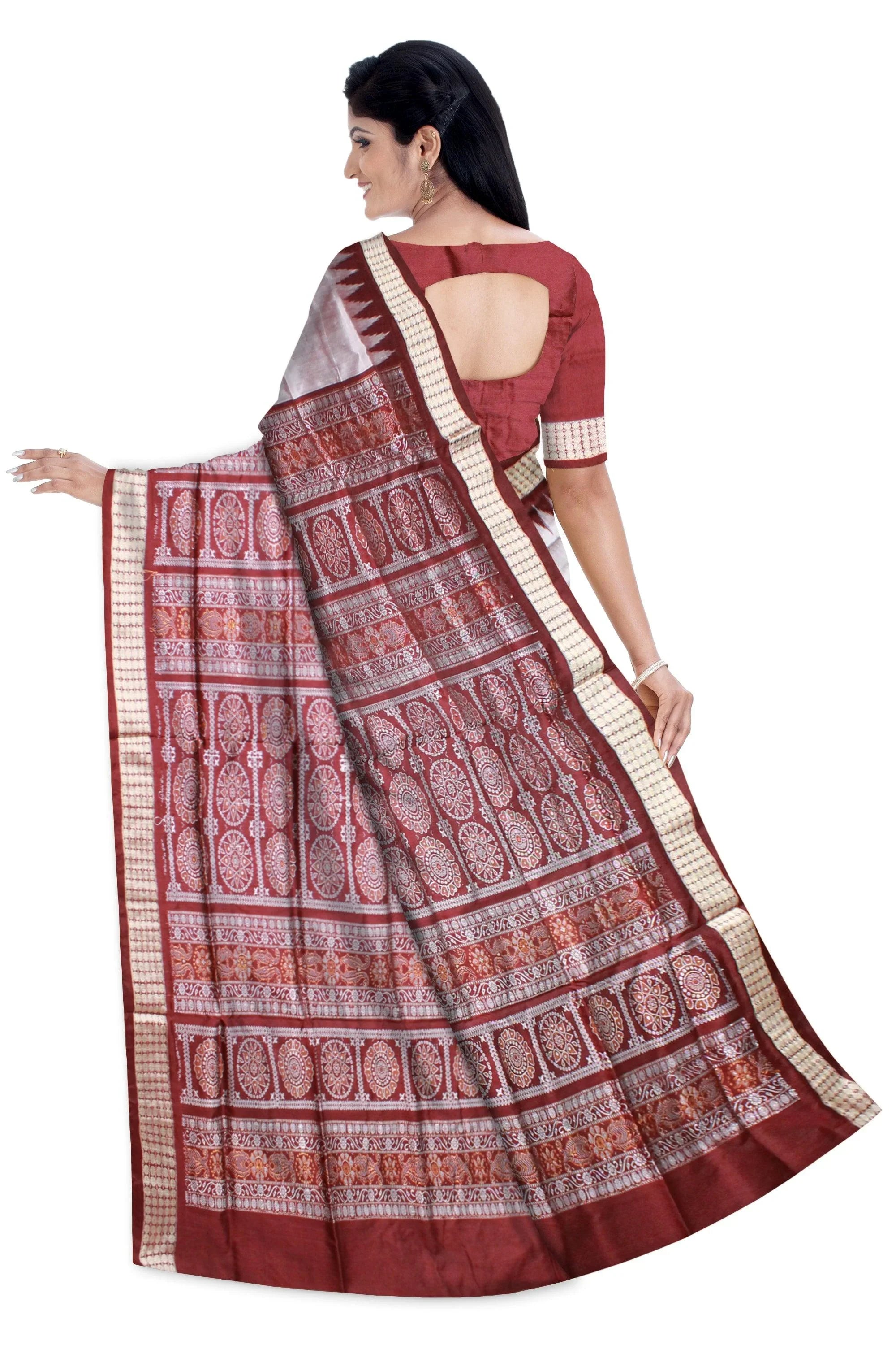 White color bomkei pata saree with blouse piece. - Koshali Arts & Crafts Enterprise