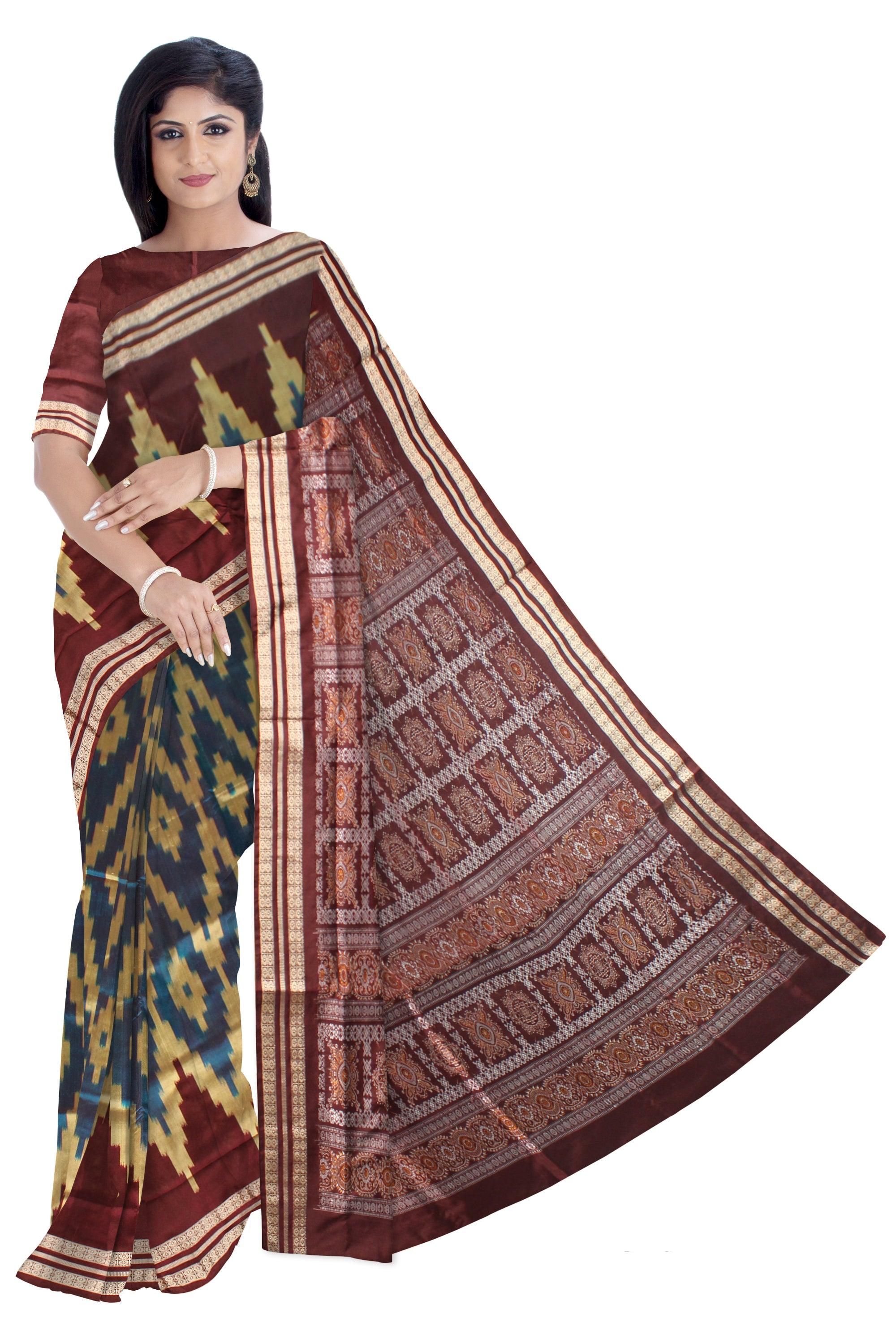 Big ikat design brown and Lightblue colour sambalpuri bomkei pata saree with blous piece. - Koshali Arts & Crafts Enterprise