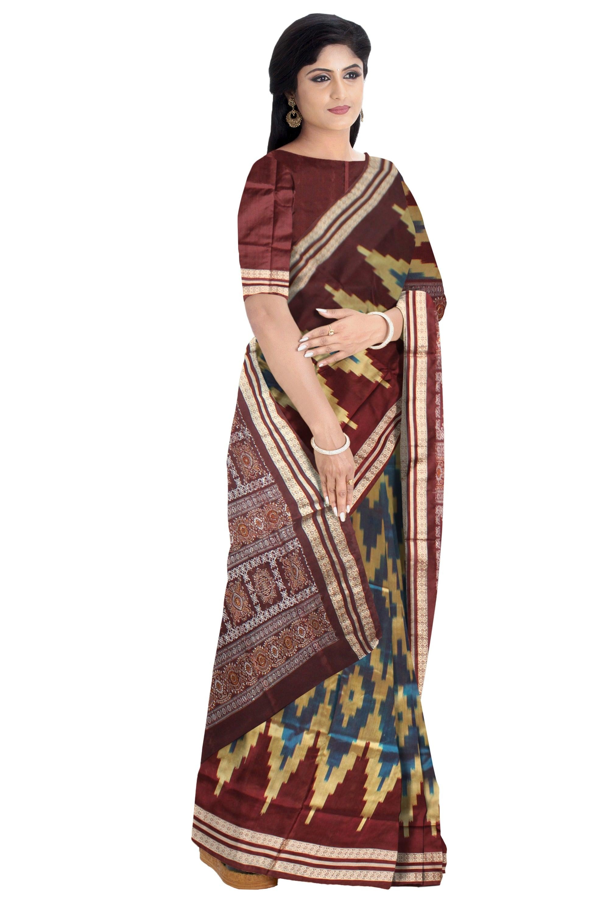 Big ikat design brown and Lightblue colour sambalpuri bomkei pata saree with blous piece. - Koshali Arts & Crafts Enterprise