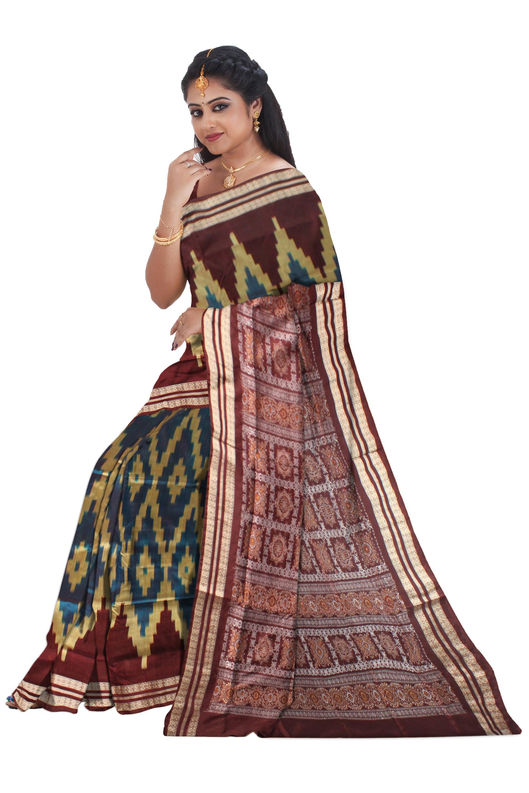 Big ikat design brown and Lightblue colour sambalpuri bomkei pata saree with blous piece. - Koshali Arts & Crafts Enterprise