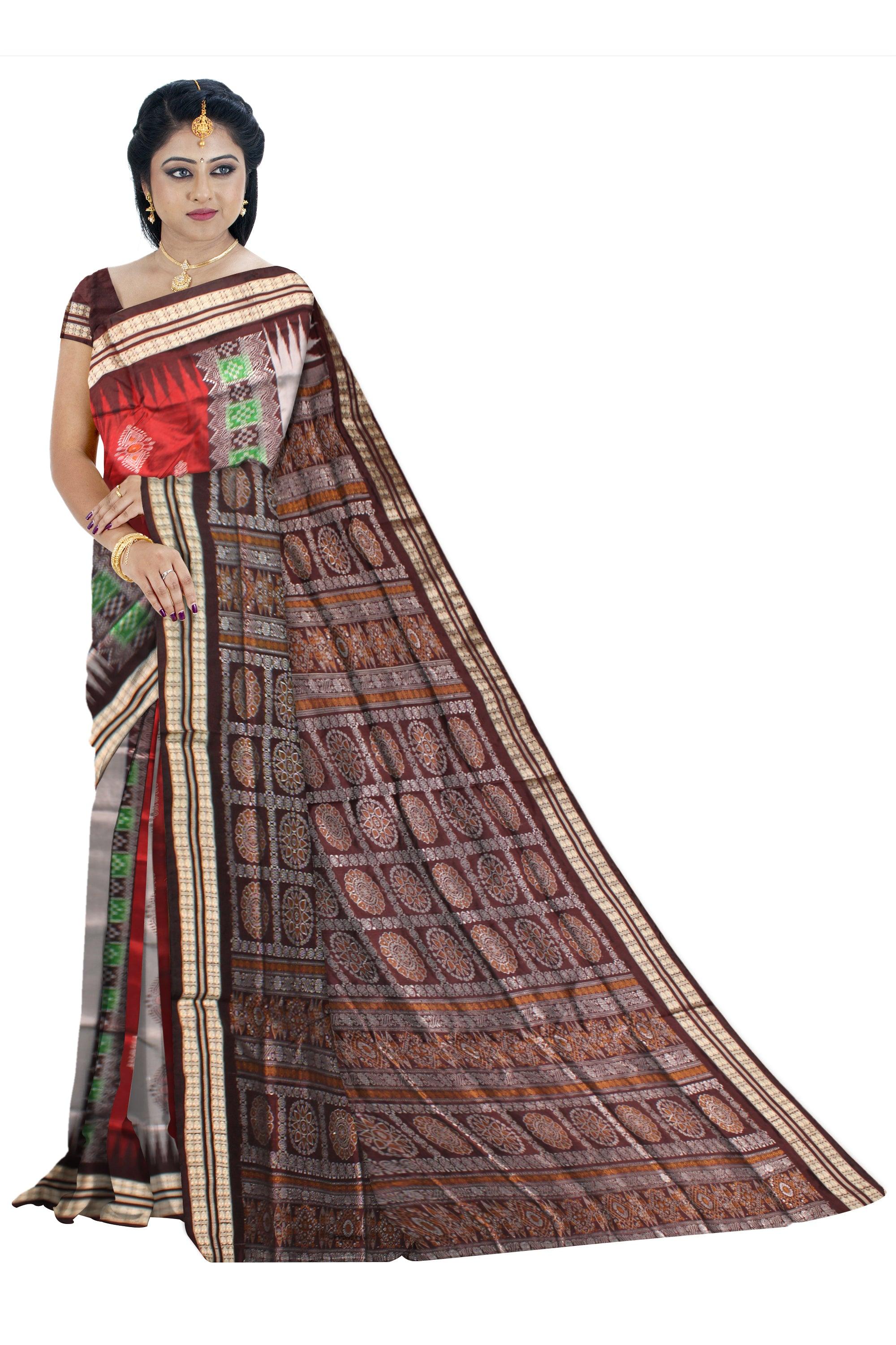 Sambalpuri Pata Saree in Maroon and Silver Color with Pasapali design. - Koshali Arts & Crafts Enterprise