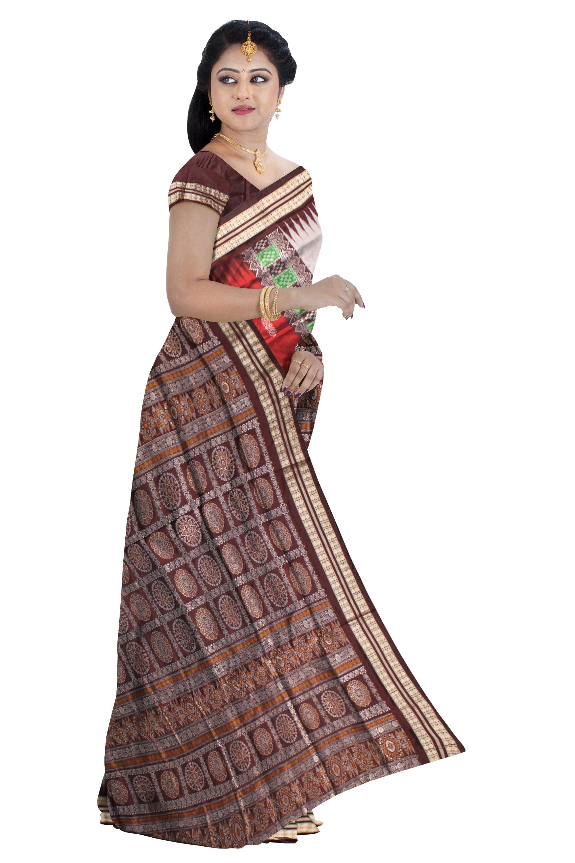 Sambalpuri Pata Saree in Maroon and Silver Color with Pasapali design. - Koshali Arts & Crafts Enterprise
