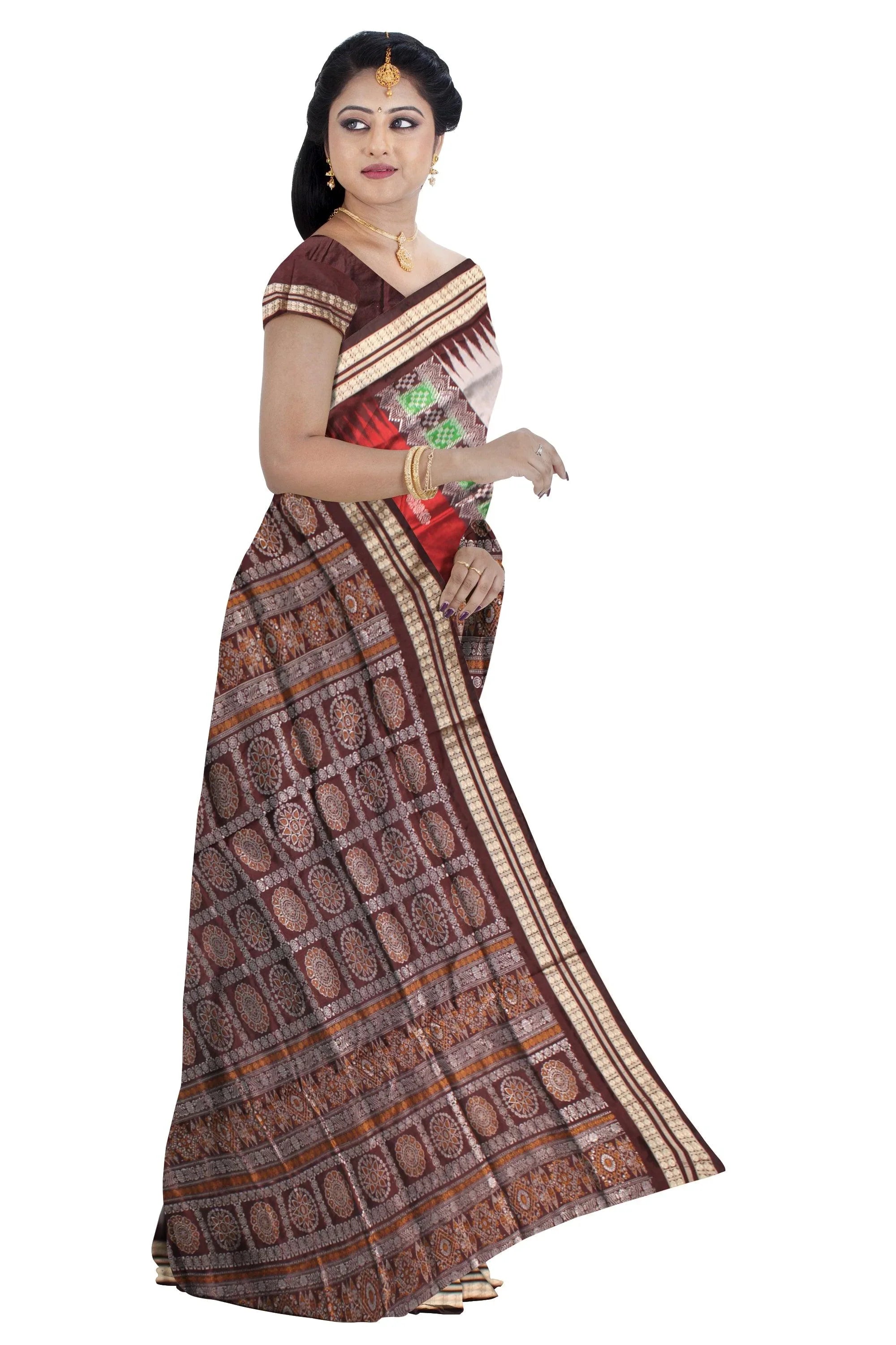 Sambalpuri Pata Saree in Maroon and Silver Color with Pasapali design. - Koshali Arts & Crafts Enterprise