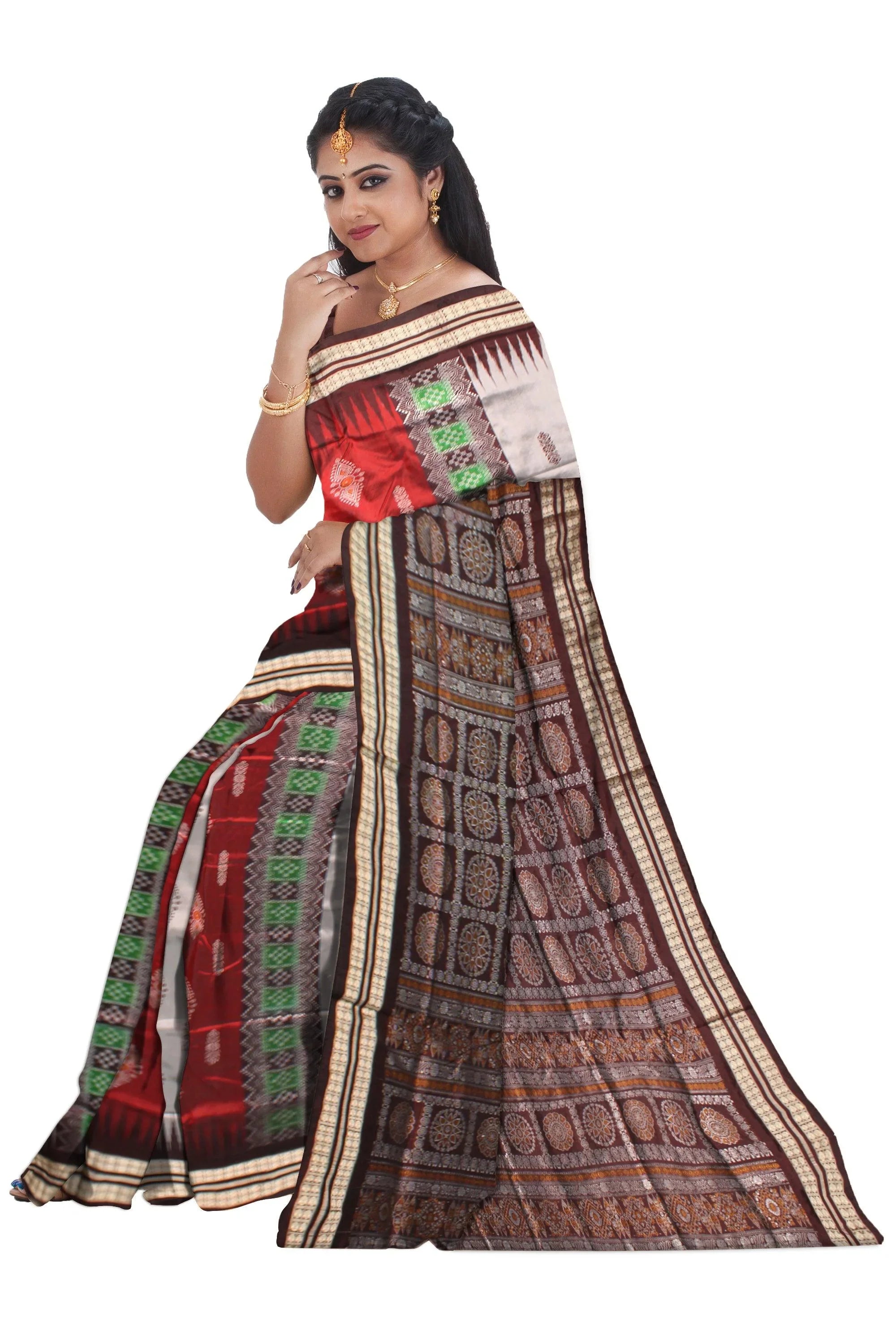 Sambalpuri Pata Saree in Maroon and Silver Color with Pasapali design. - Koshali Arts & Crafts Enterprise