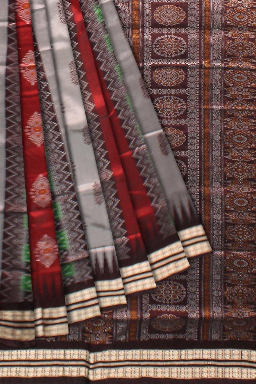 Sambalpuri Pata Saree in Maroon and Silver Color with Pasapali design. - Koshali Arts & Crafts Enterprise