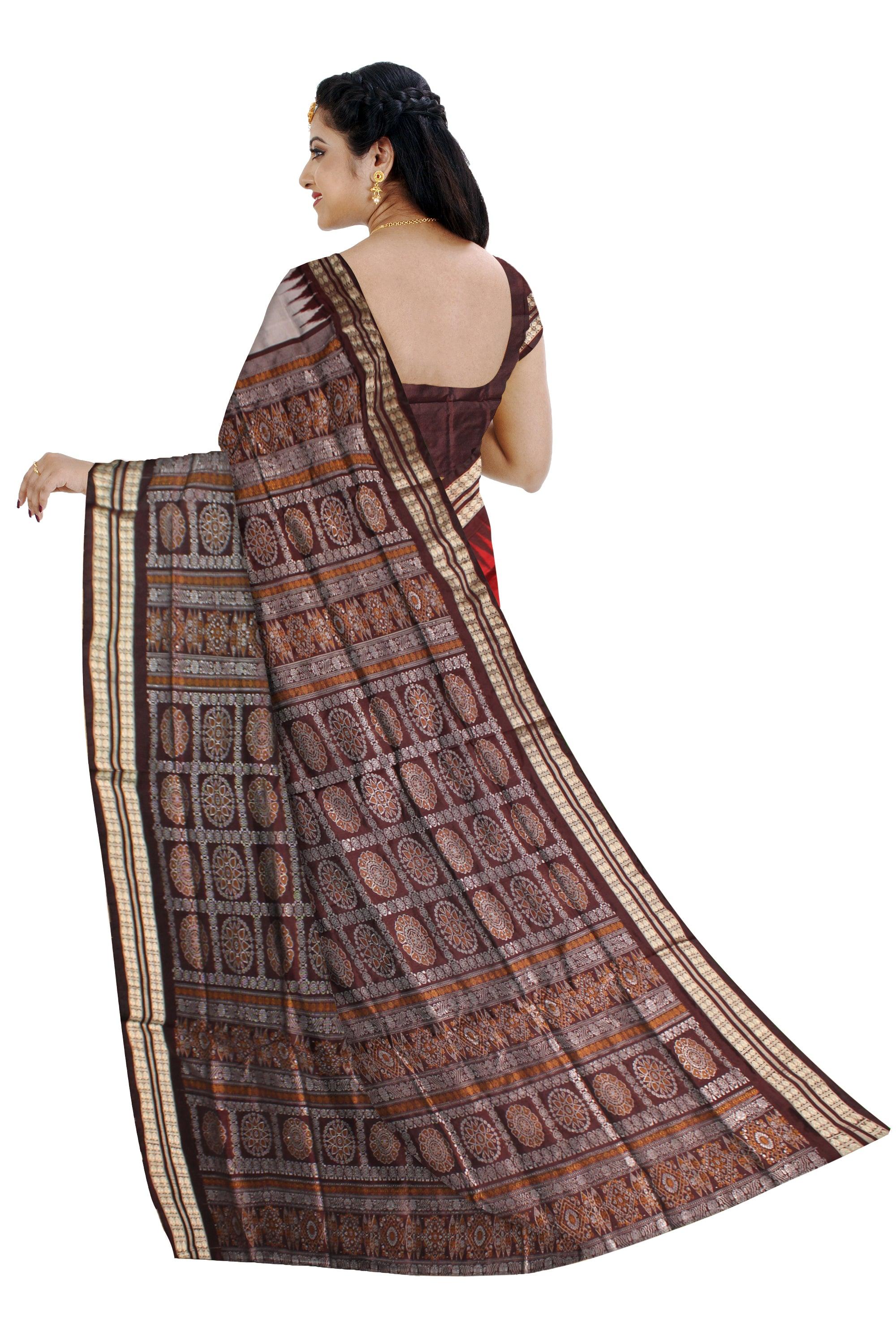 Sambalpuri Pata Saree in Maroon and Silver Color with Pasapali design. - Koshali Arts & Crafts Enterprise