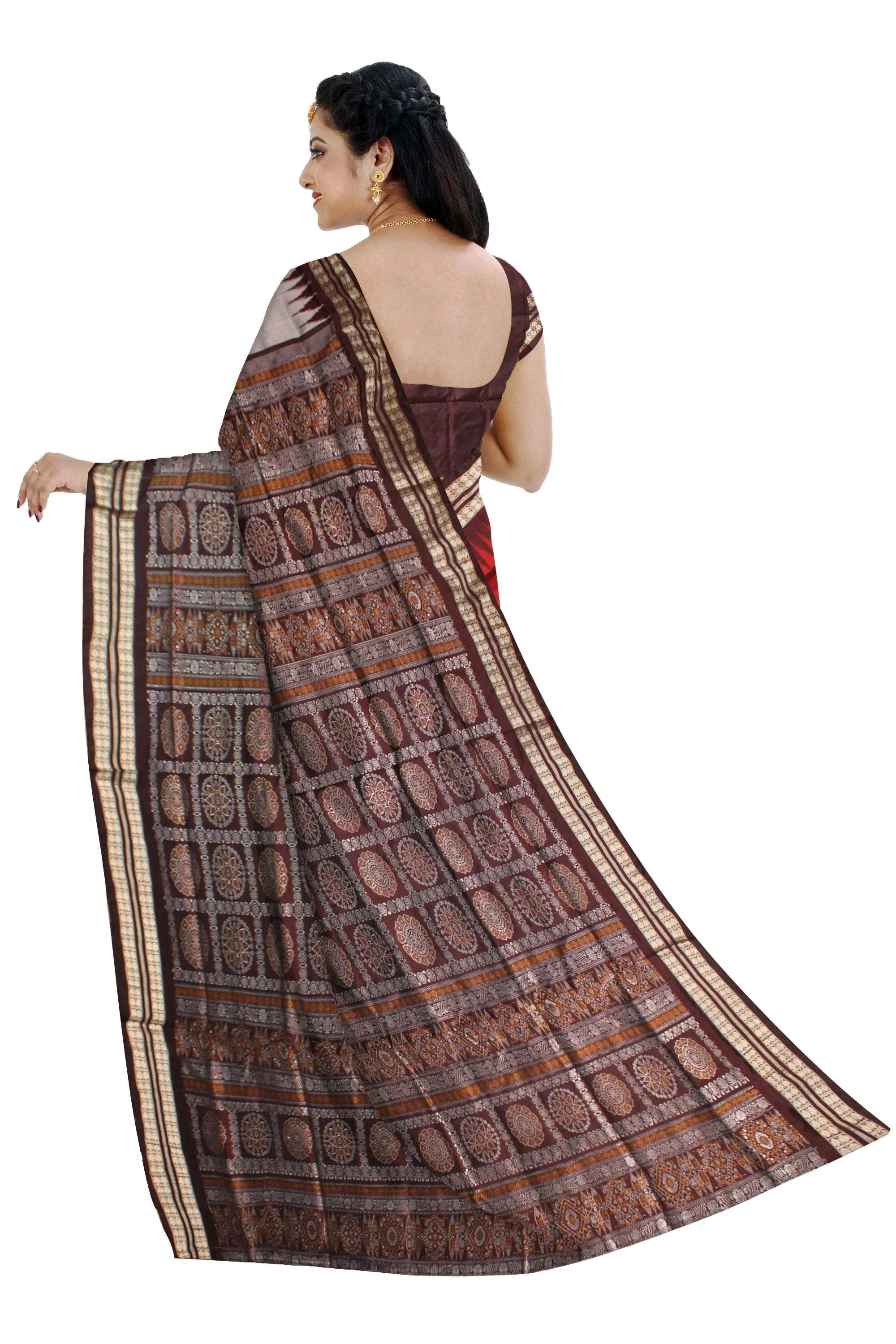 Sambalpuri Pata Saree in Maroon and Silver Color with Pasapali design. - Koshali Arts & Crafts Enterprise
