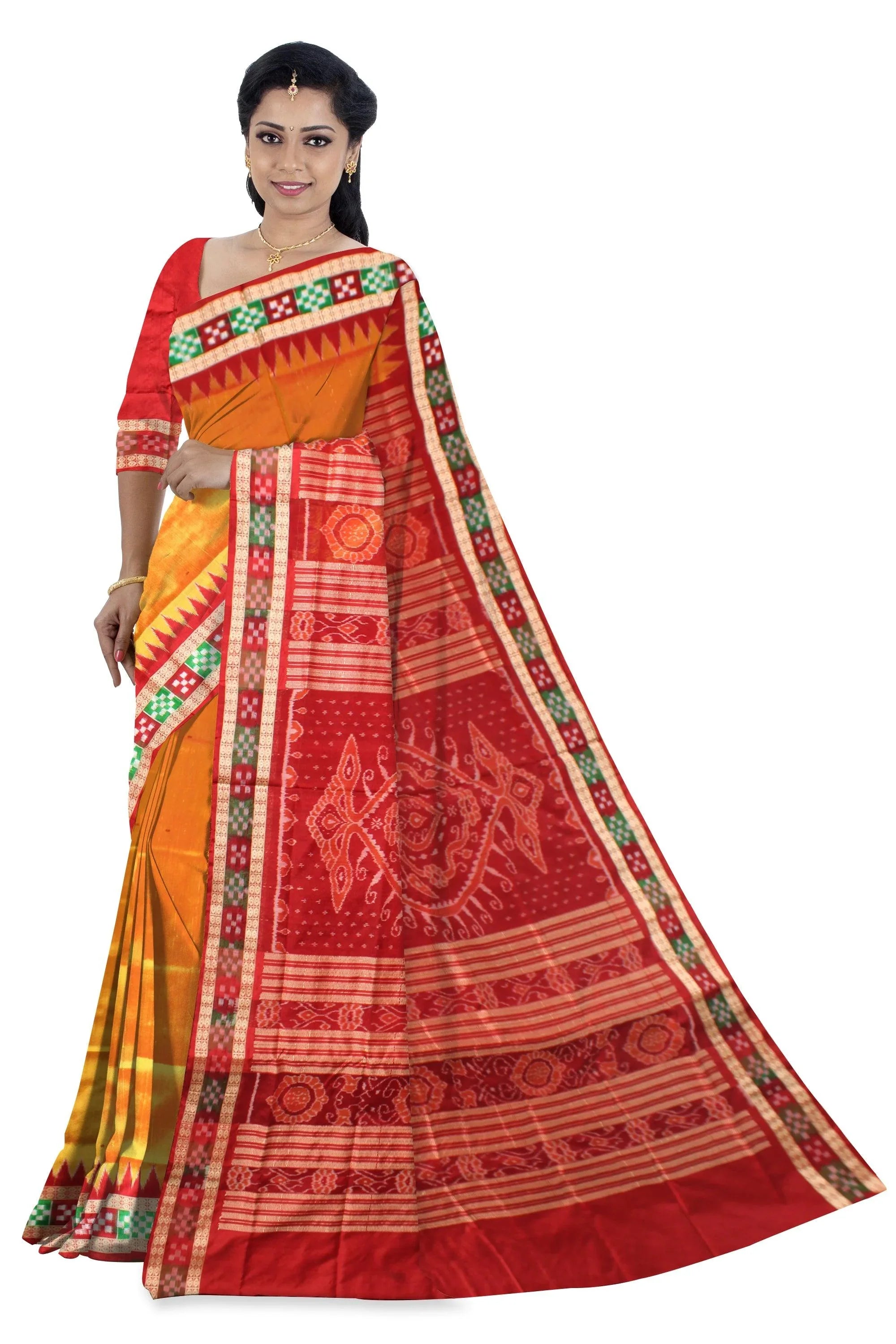 Sambalpuri Pata Saree in Yellow color Dhadi Pasapali Design with blouse piece. - Koshali Arts & Crafts Enterprise