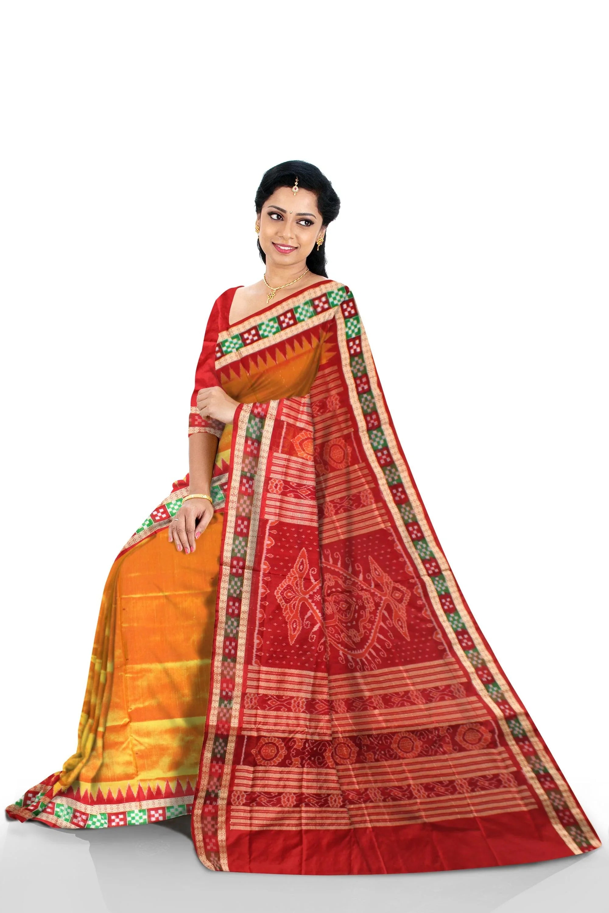 Sambalpuri Pata Saree in Yellow color Dhadi Pasapali Design with blouse piece. - Koshali Arts & Crafts Enterprise