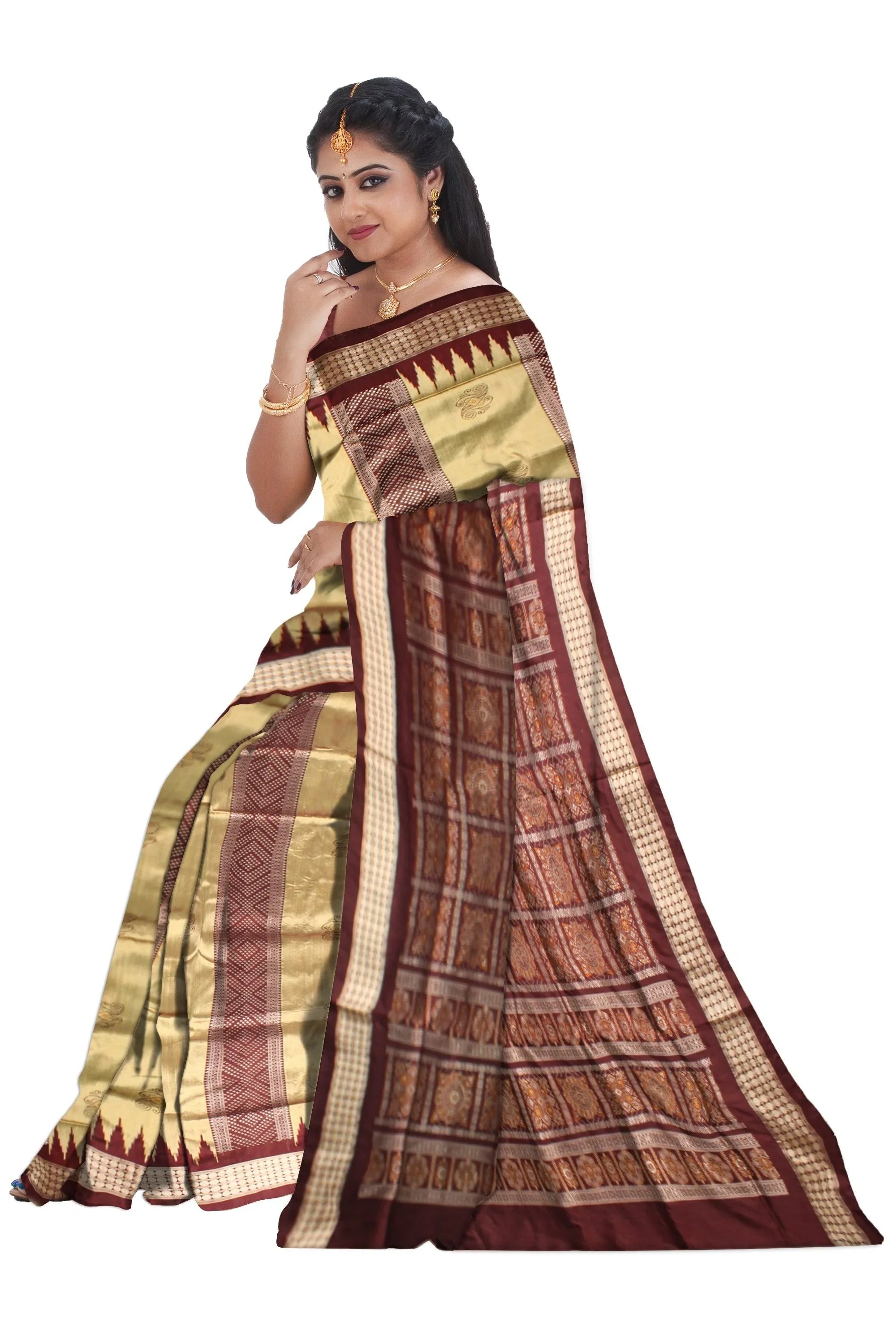 Latest design Peach colour Sambalpuri bomkei pata saree with blouse piece. - Koshali Arts & Crafts Enterprise