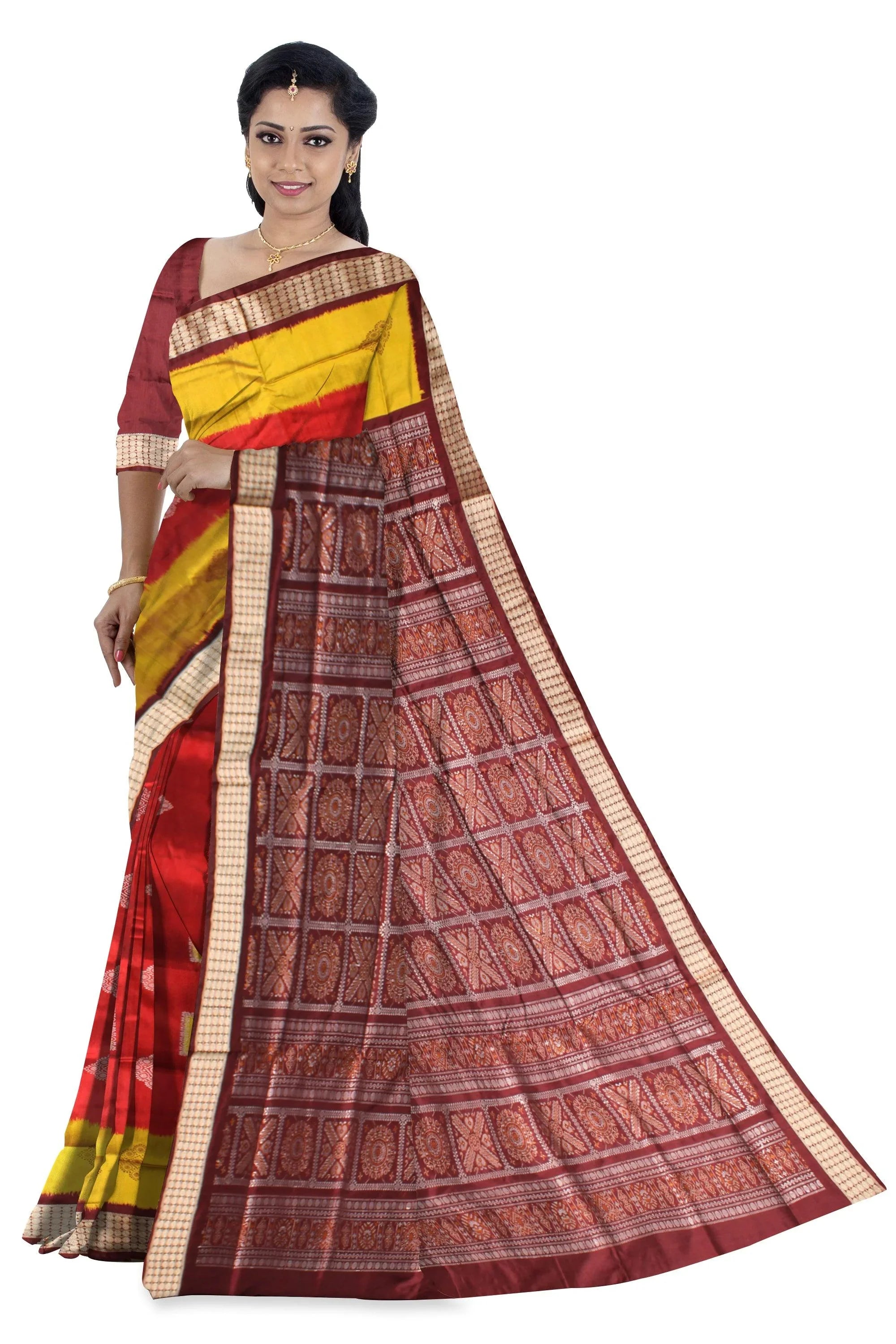 Sambalpuri Pata Saree in Maroon and Yellow Color in box design with Silver color Border with blouse piece. - Koshali Arts & Crafts Enterprise